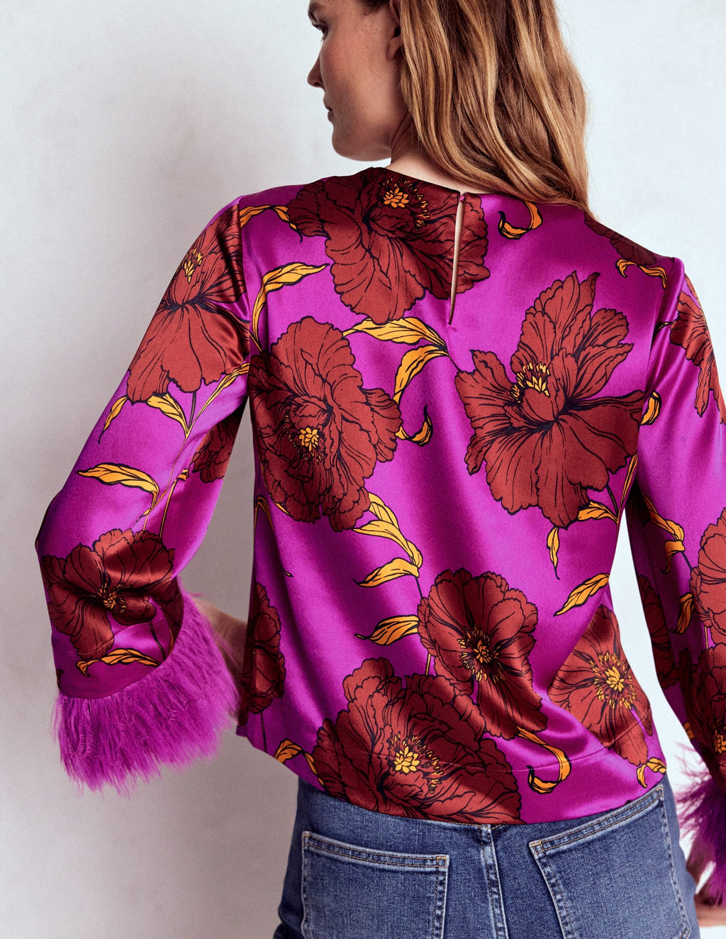 Faux Feather Trim Party Top-Purple Floral