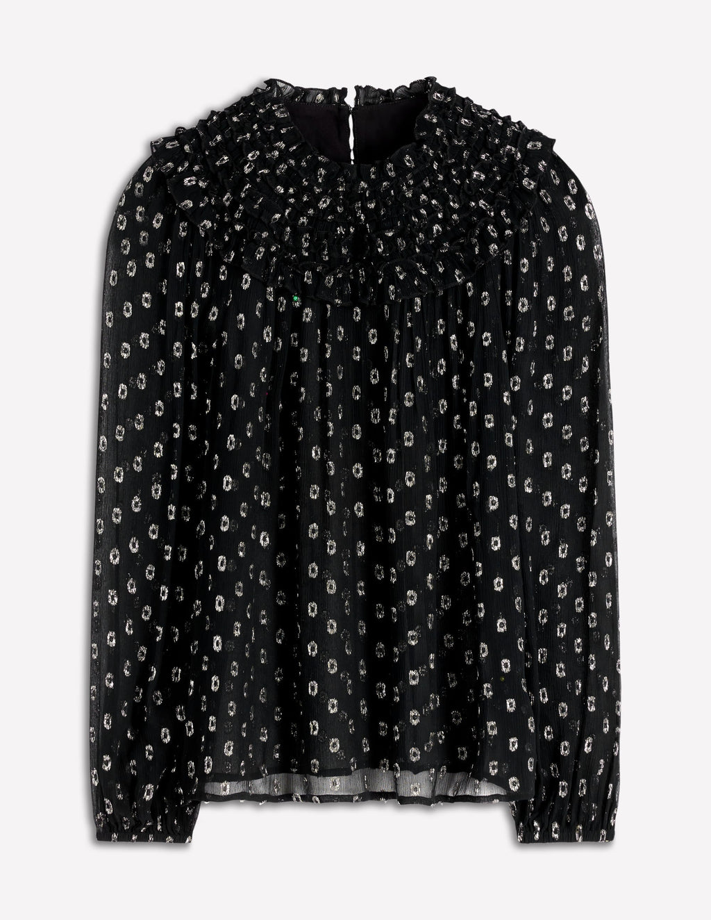 Metallic Ruffle Collar Top-Black, Lurex Clip