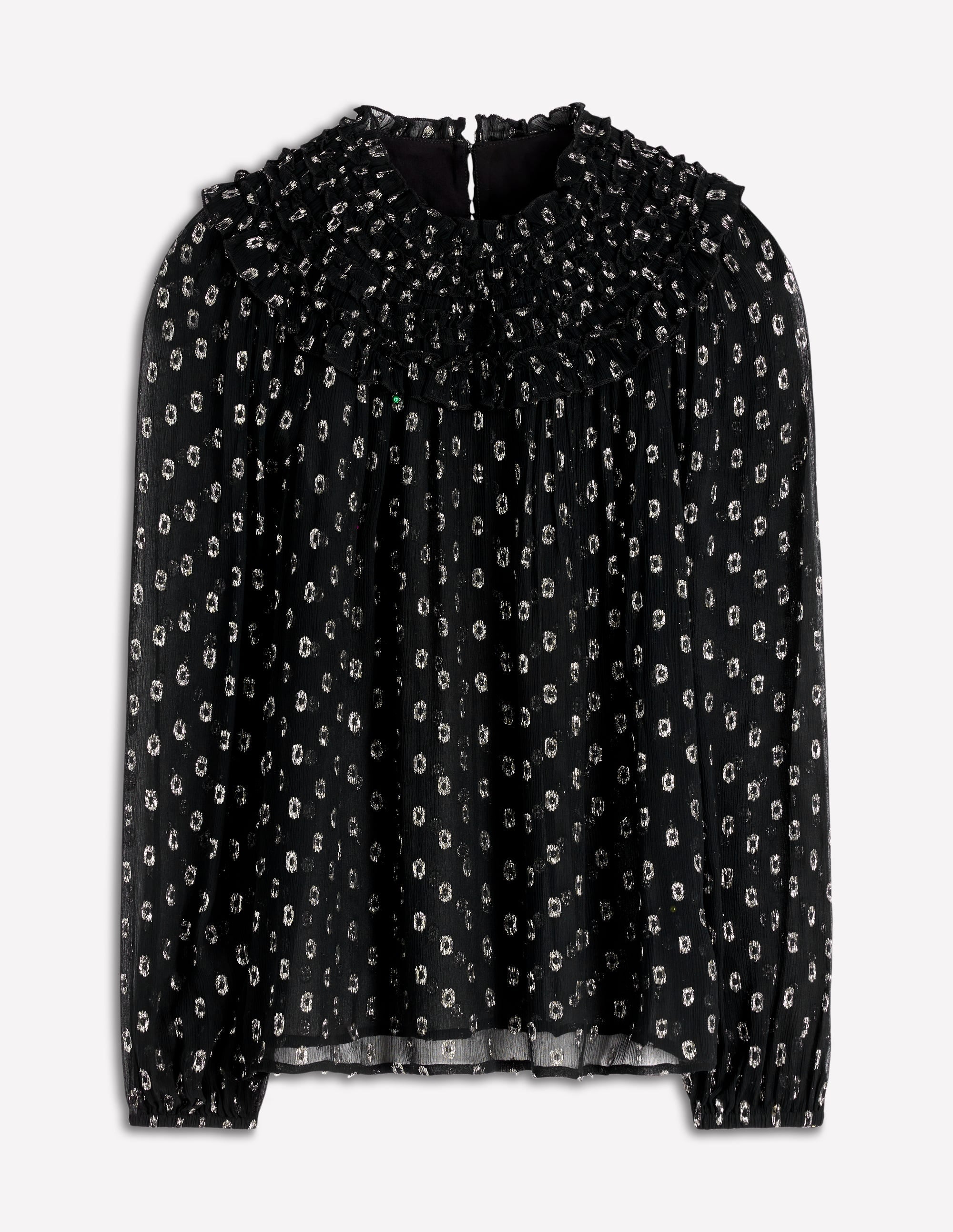 Metallic Ruffle Collar Top-Black, Lurex Clip