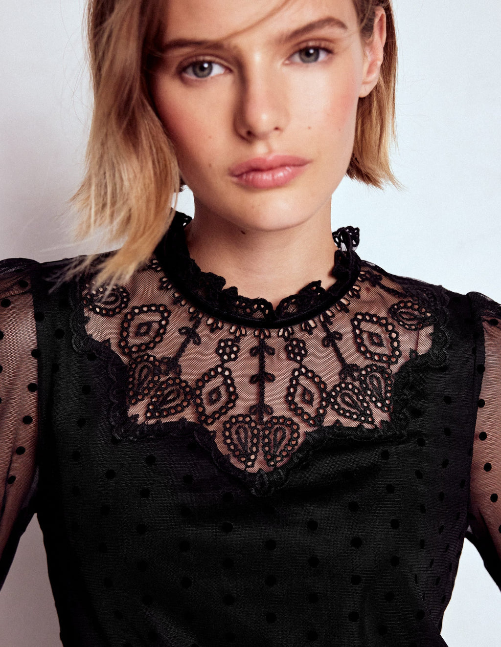 Tulle Yoke Embroidered Top-Black Spot