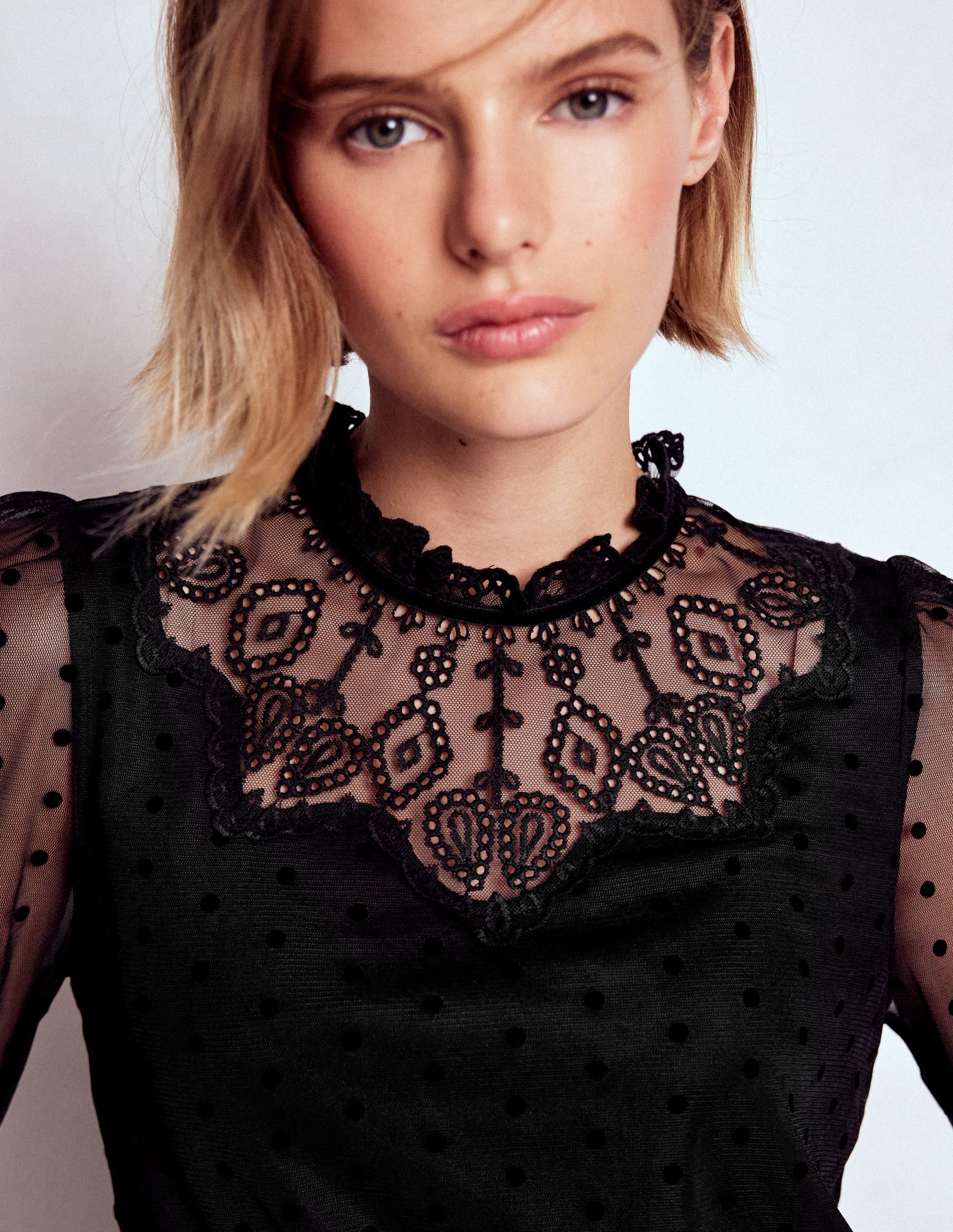 Tulle Yoke Embroidered Top-Black Spot