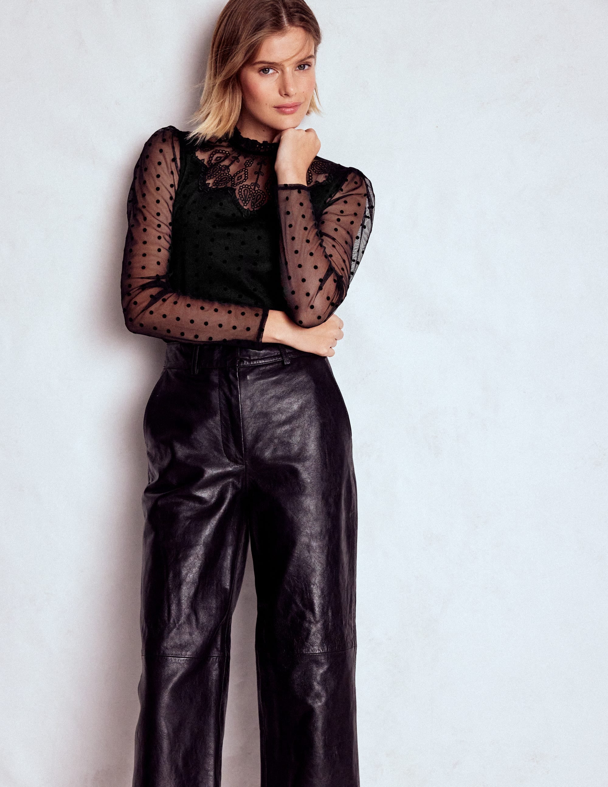 Tulle Yoke Embroidered Top-Black Spot