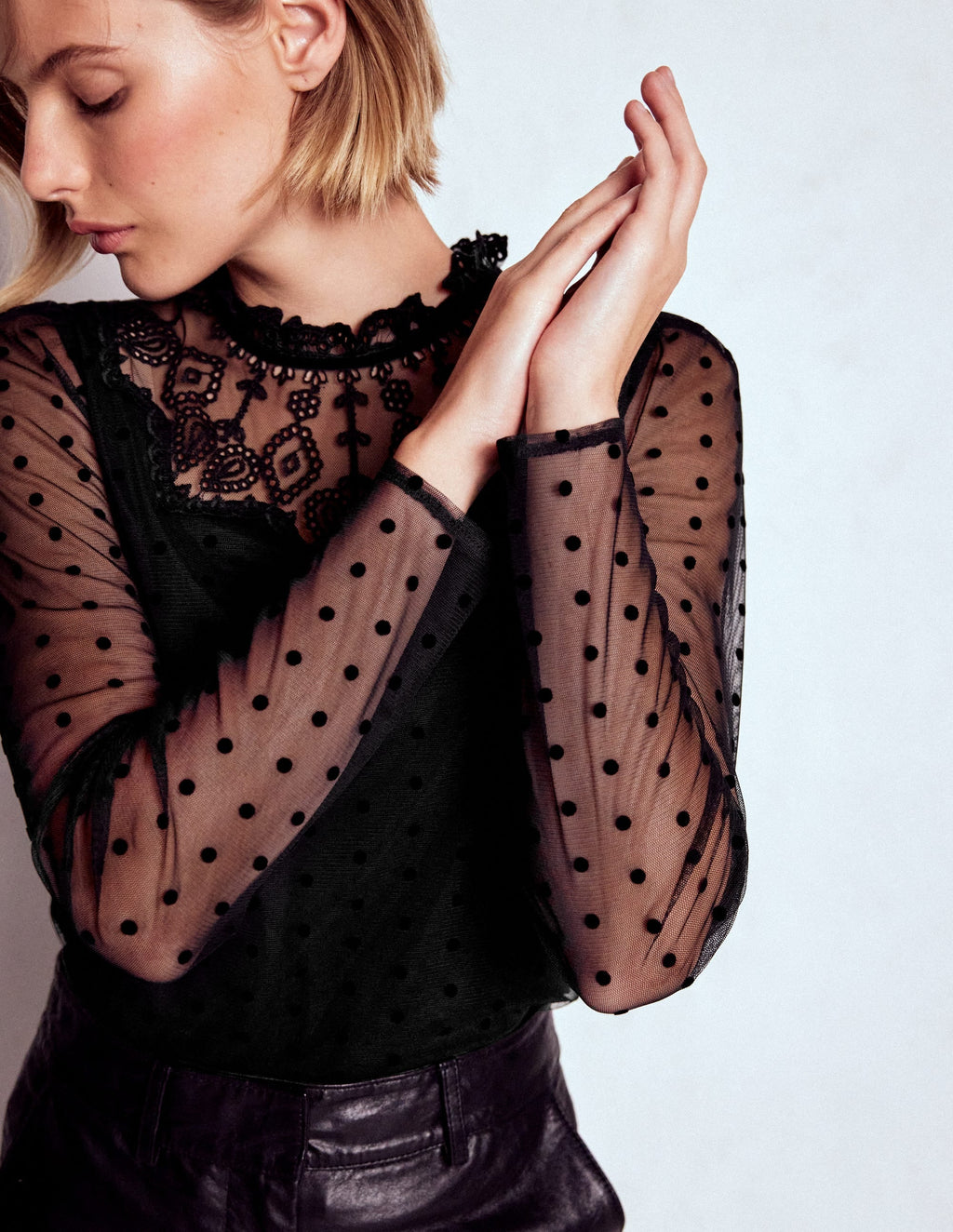 Tulle Yoke Embroidered Top-Black Spot