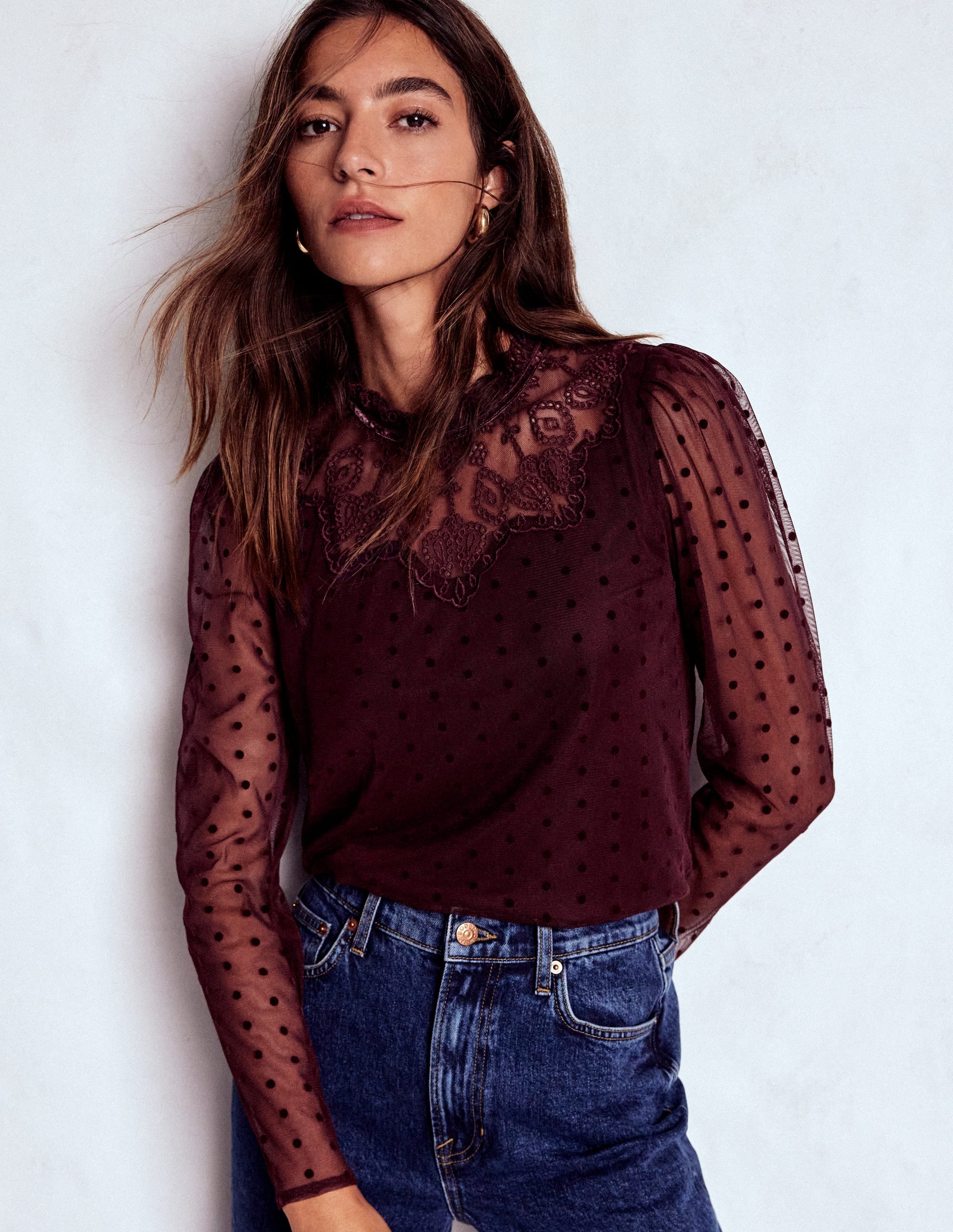 Tulle Yoke Embroidered Top-Dark Cherry