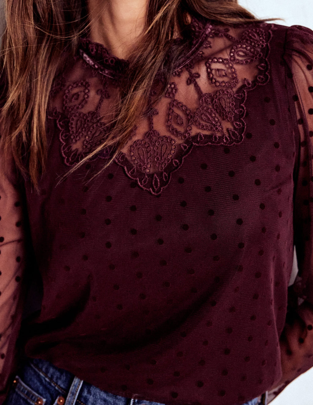 Tulle Yoke Embroidered Top-Dark Cherry