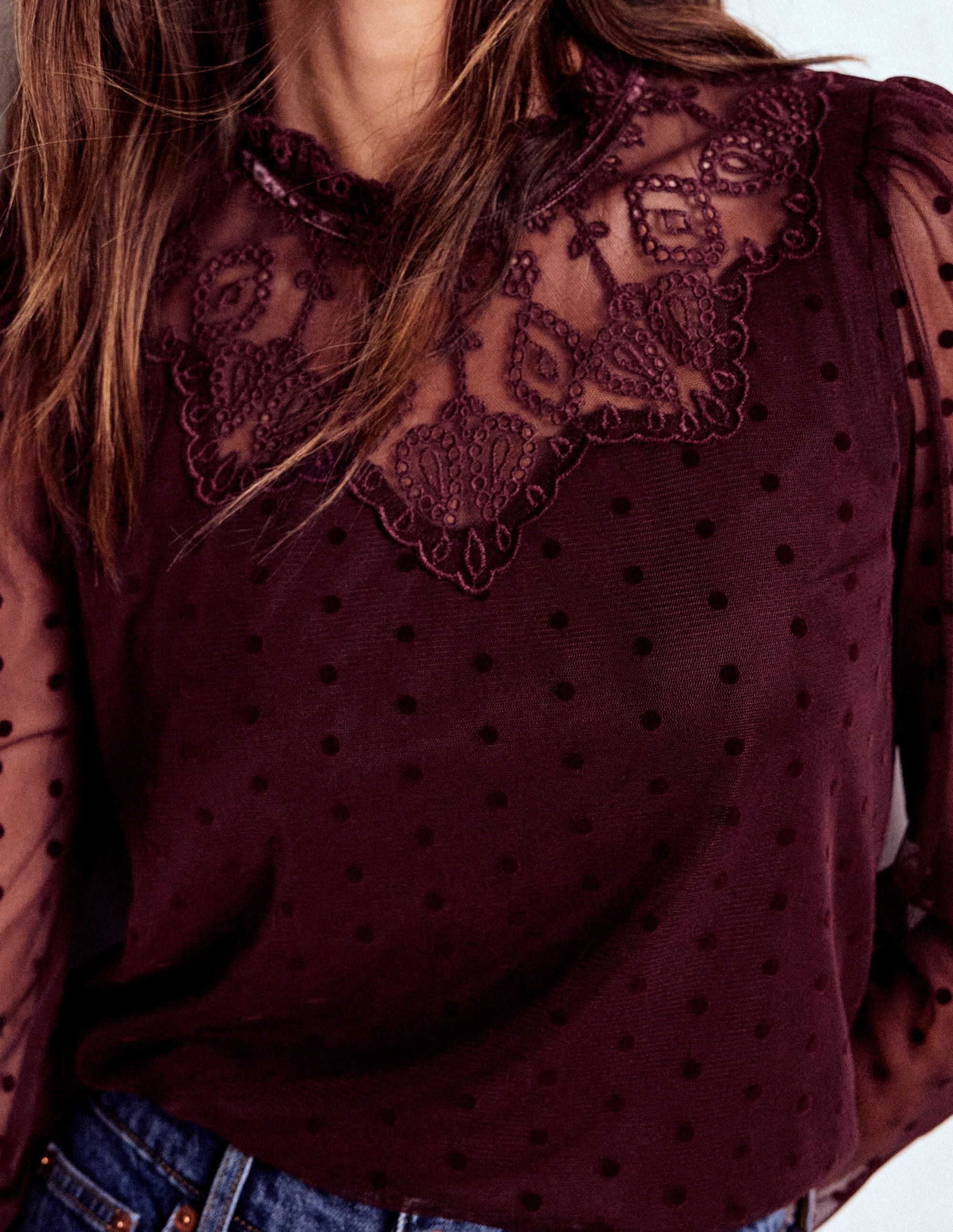 Tulle Yoke Embroidered Top-Dark Cherry