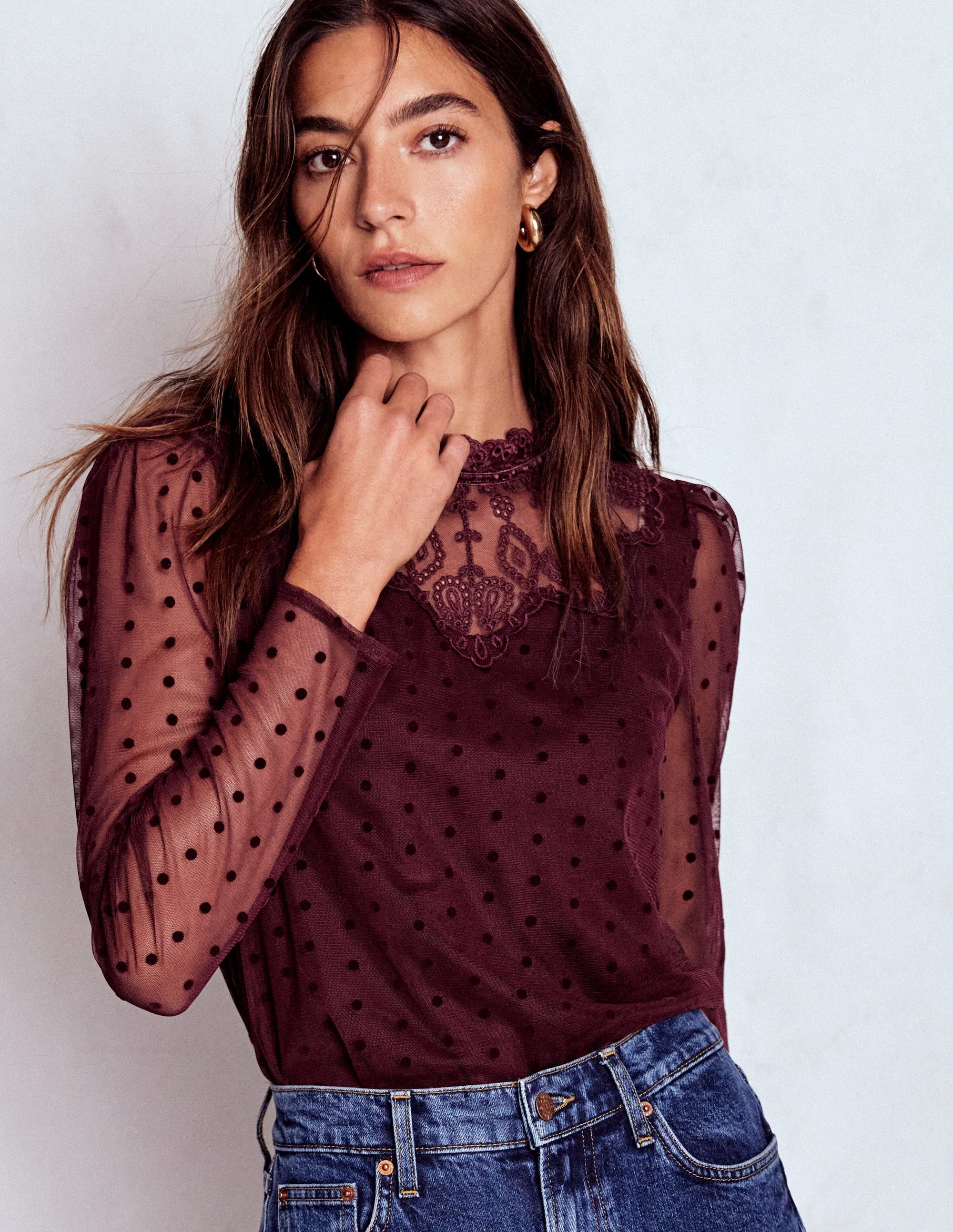 Tulle Yoke Embroidered Top-Dark Cherry