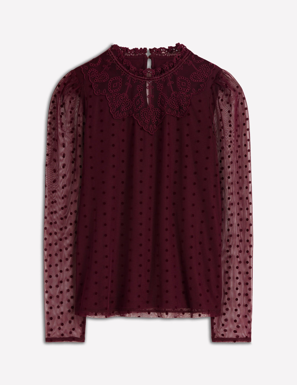 Tulle Yoke Embroidered Top-Dark Cherry
