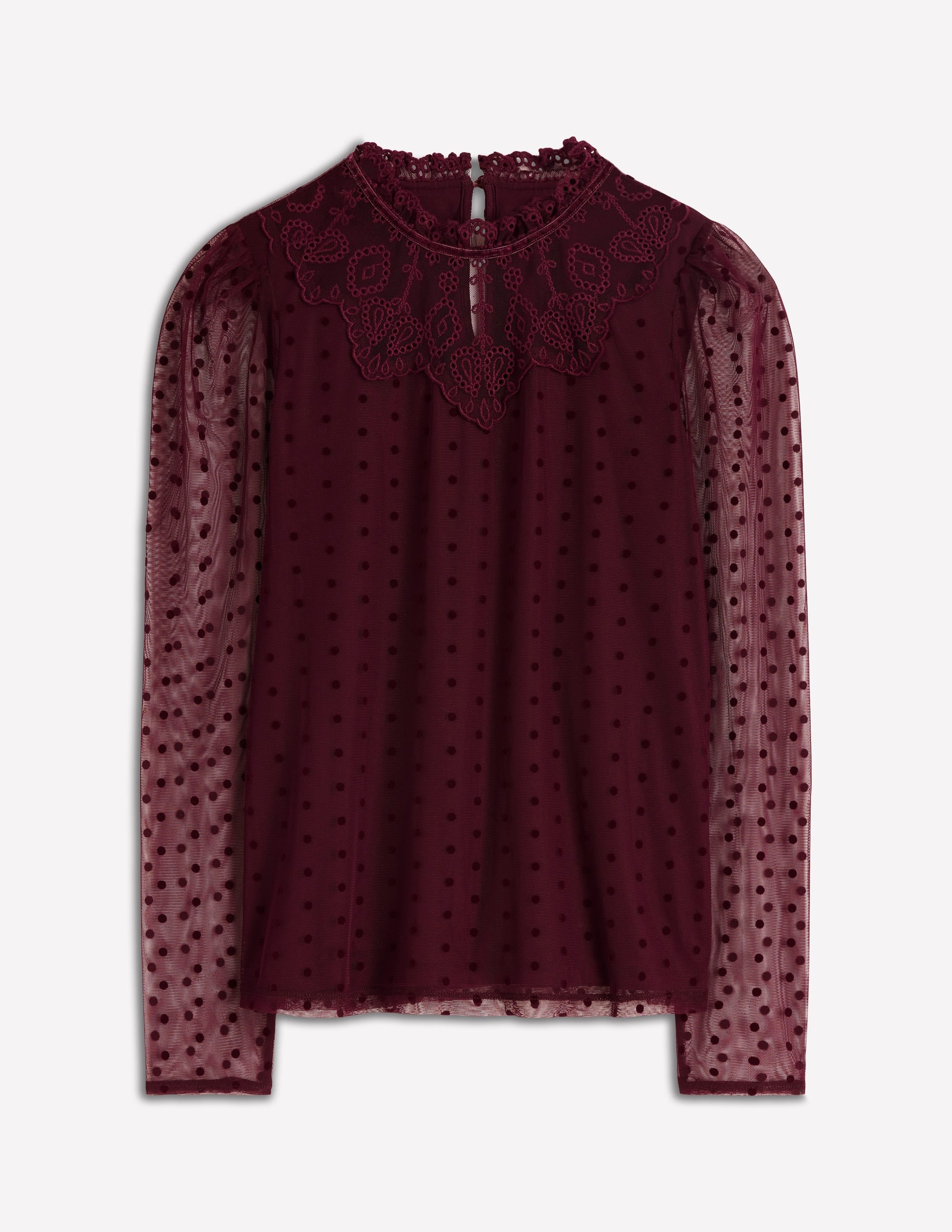 Tulle Yoke Embroidered Top-Dark Cherry
