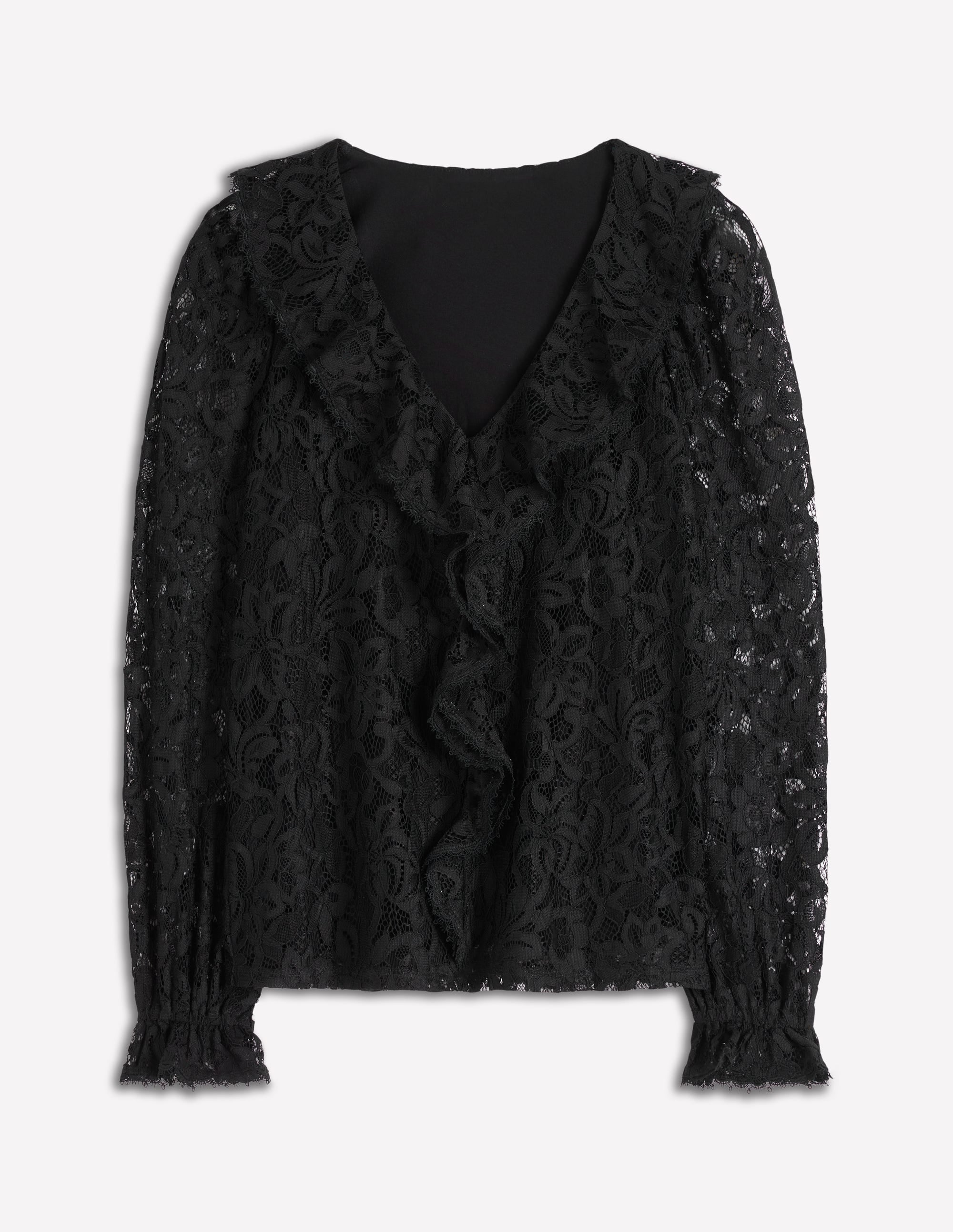 Ruffle Detail Lace Blouse-Black