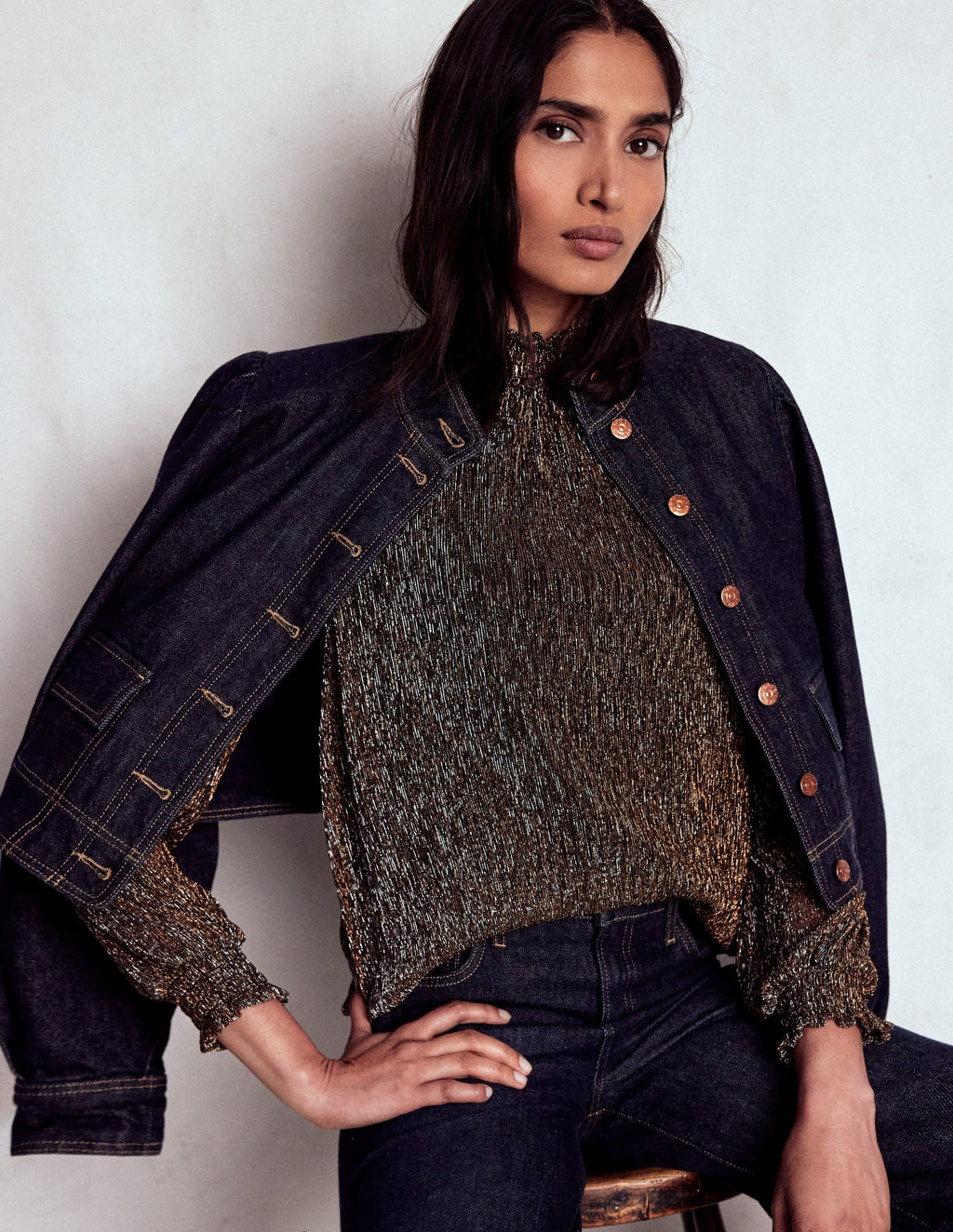 Smocked Neck Metallic Top-Metallic