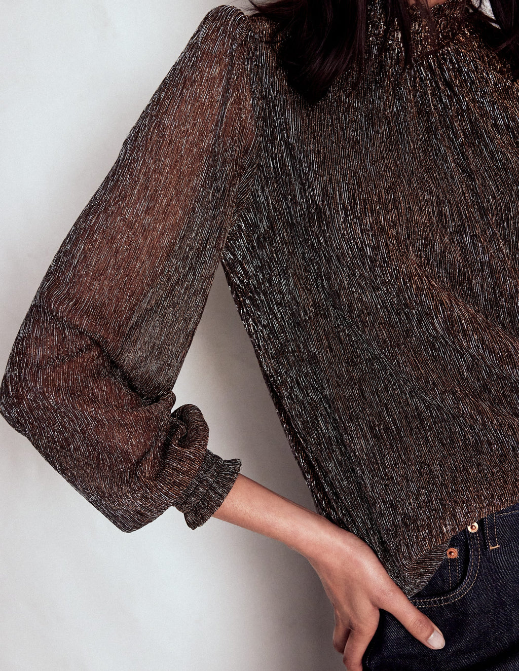 Smocked Neck Metallic Top-Metallic