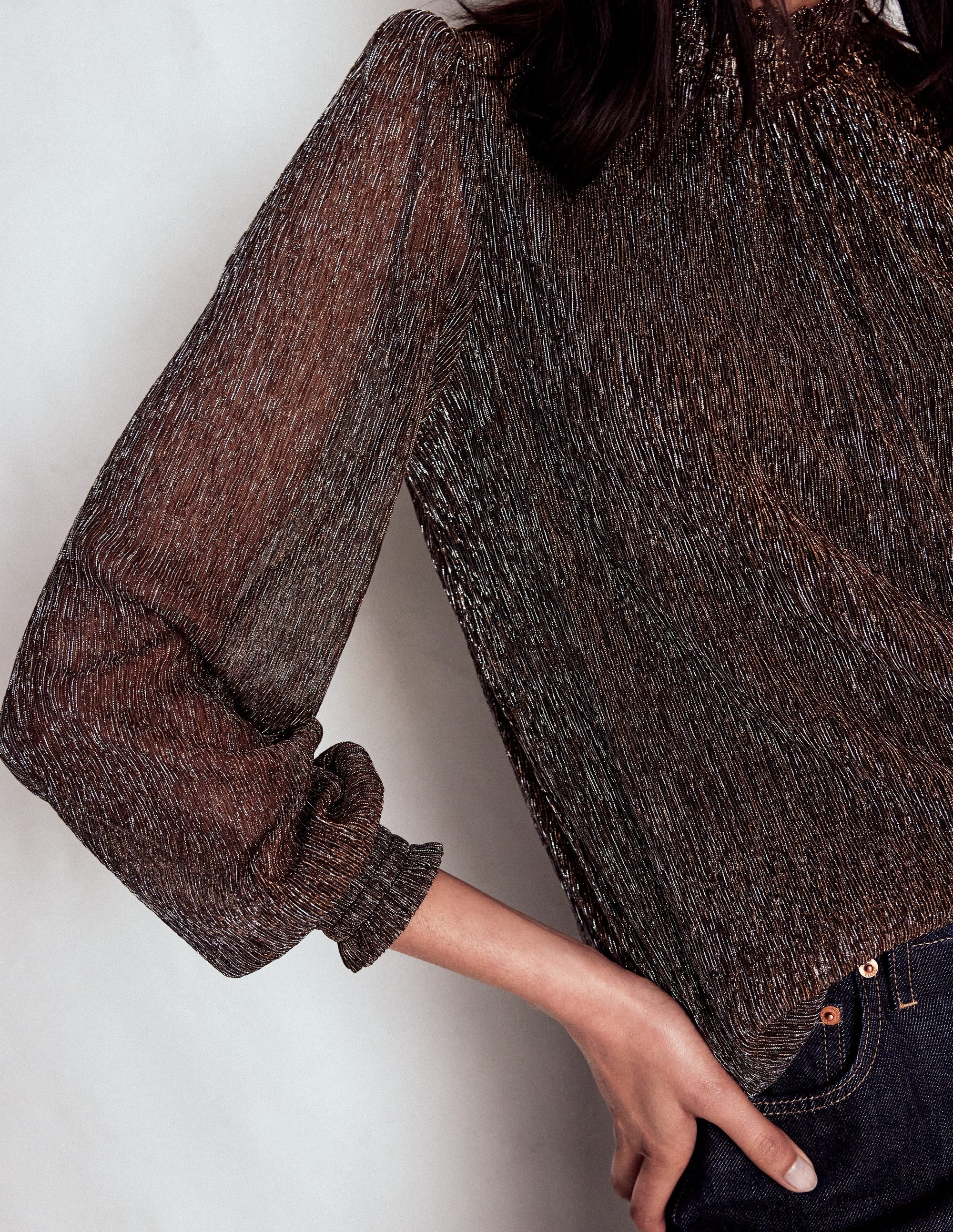 Smocked Neck Metallic Top-Metallic