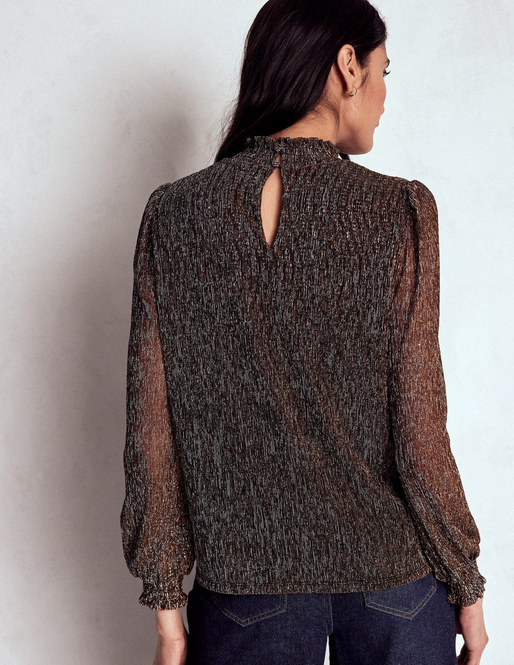 Smocked Neck Metallic Top-Metallic