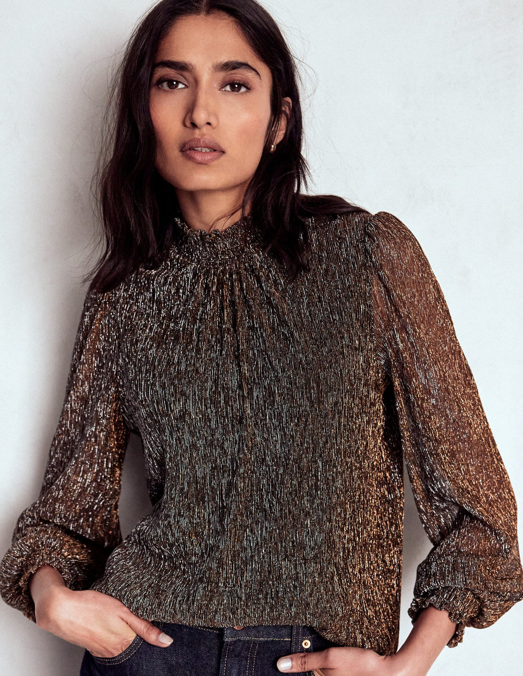 Smocked Neck Metallic Top-Metallic