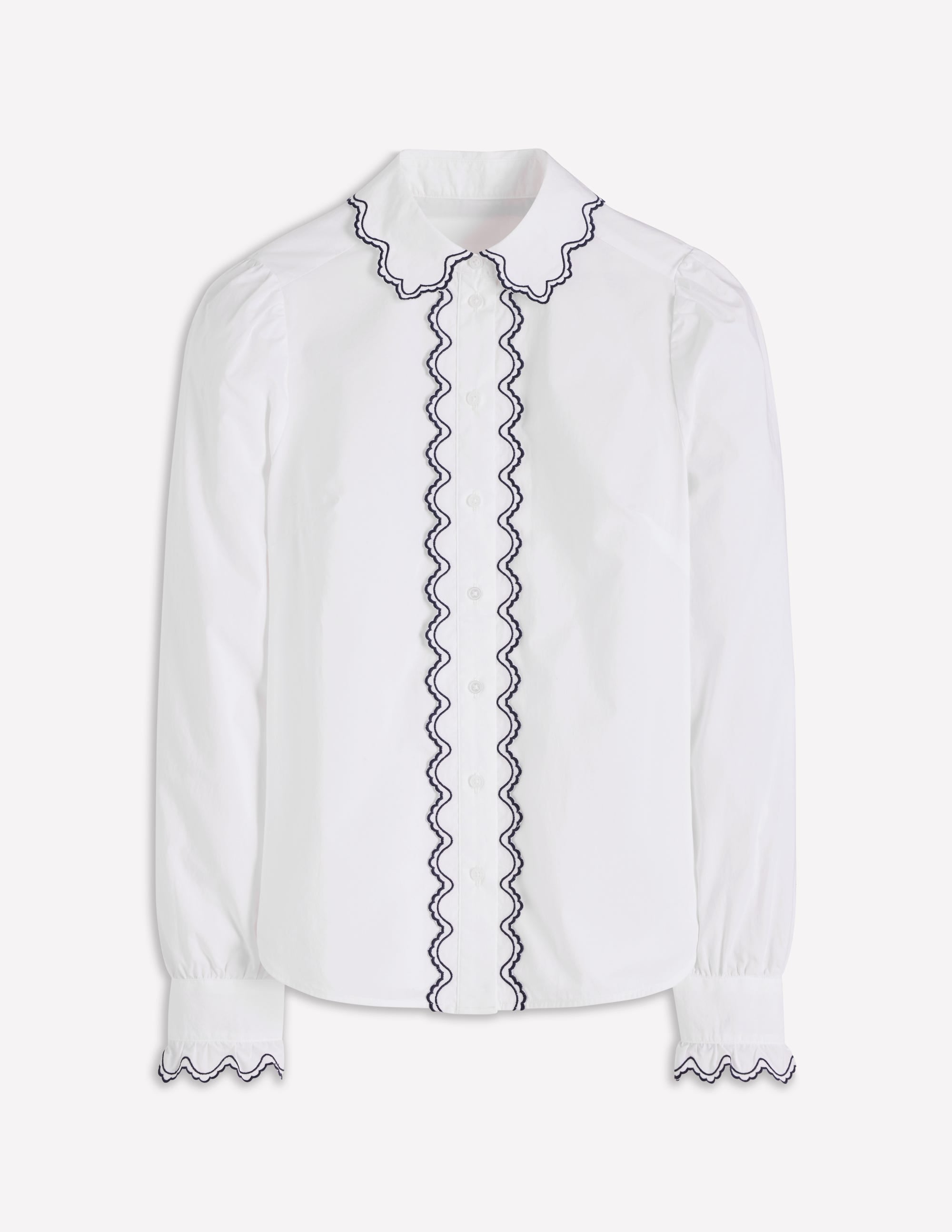 Embroidered Cotton Shirt-White, Navy Embroidery