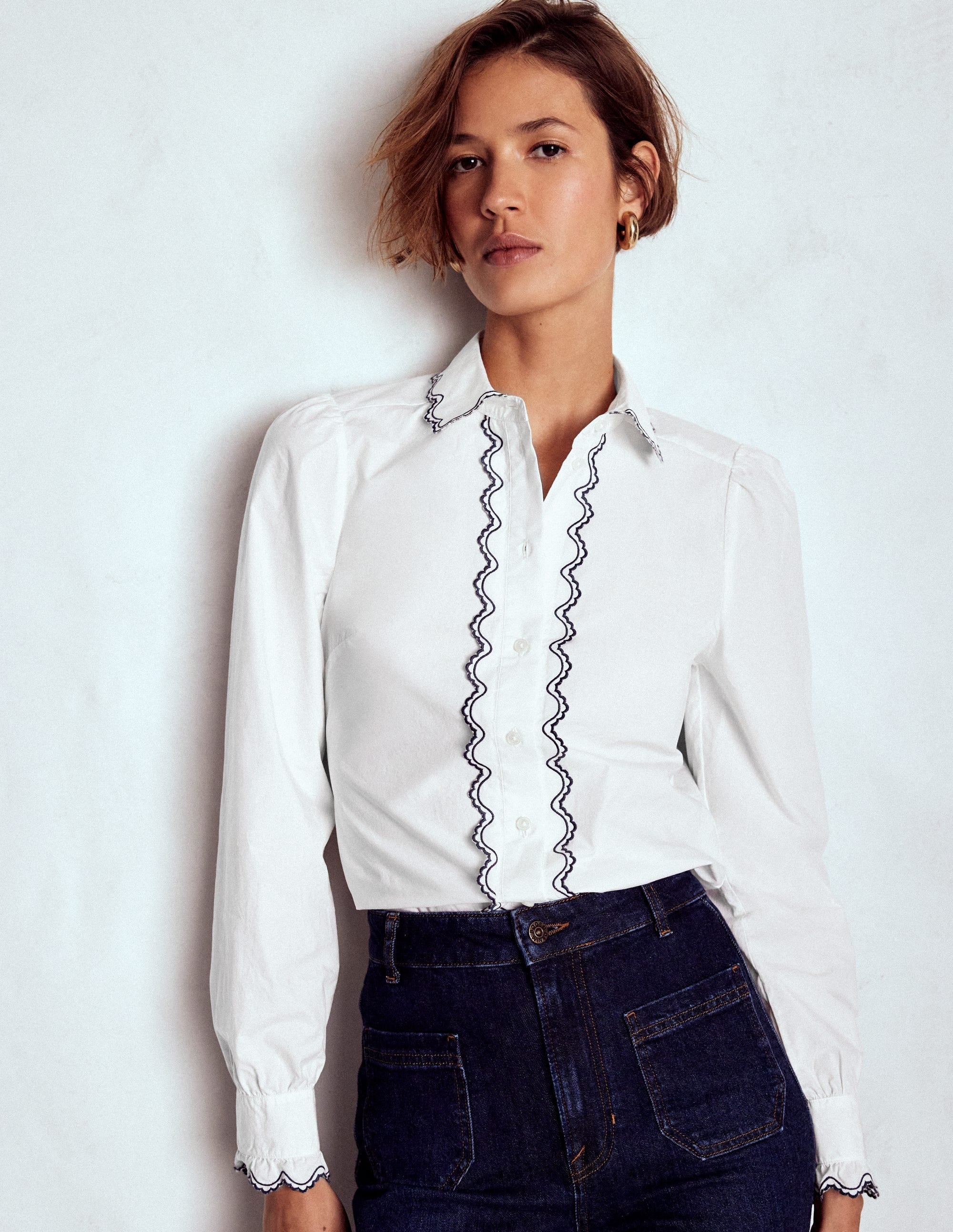 Embroidered Cotton Shirt-White, Navy Embroidery