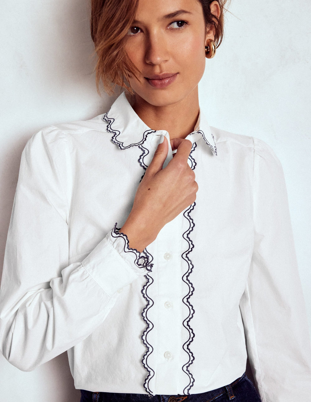 Embroidered Cotton Shirt-White, Navy Embroidery
