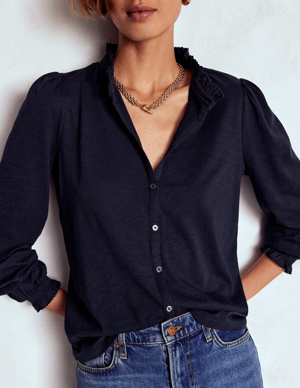 Effie Smocked Detail Shirt-Navy