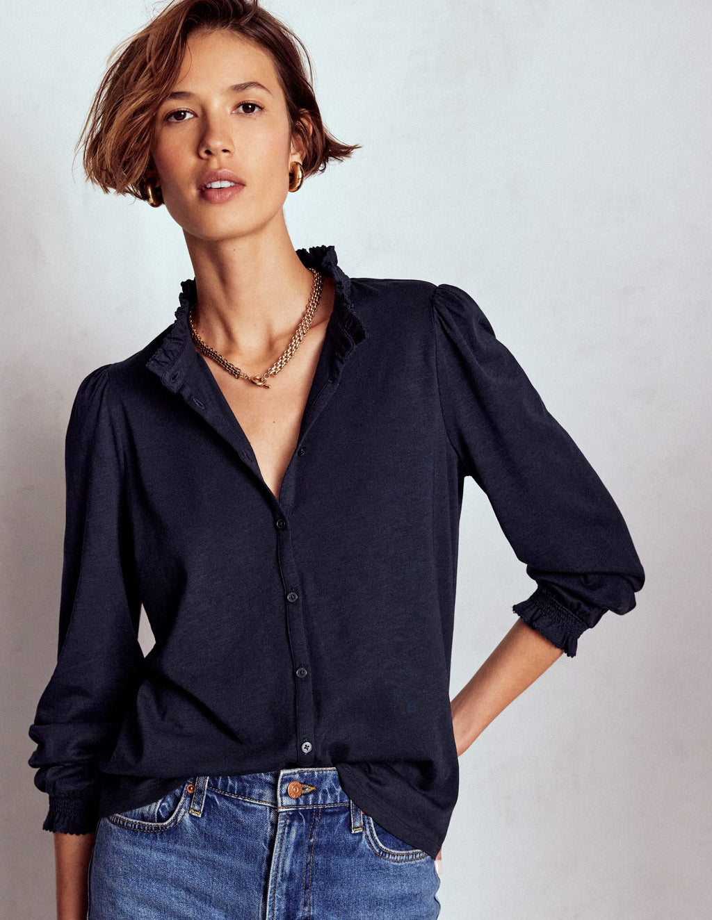 Effie Smocked Detail Shirt-Navy