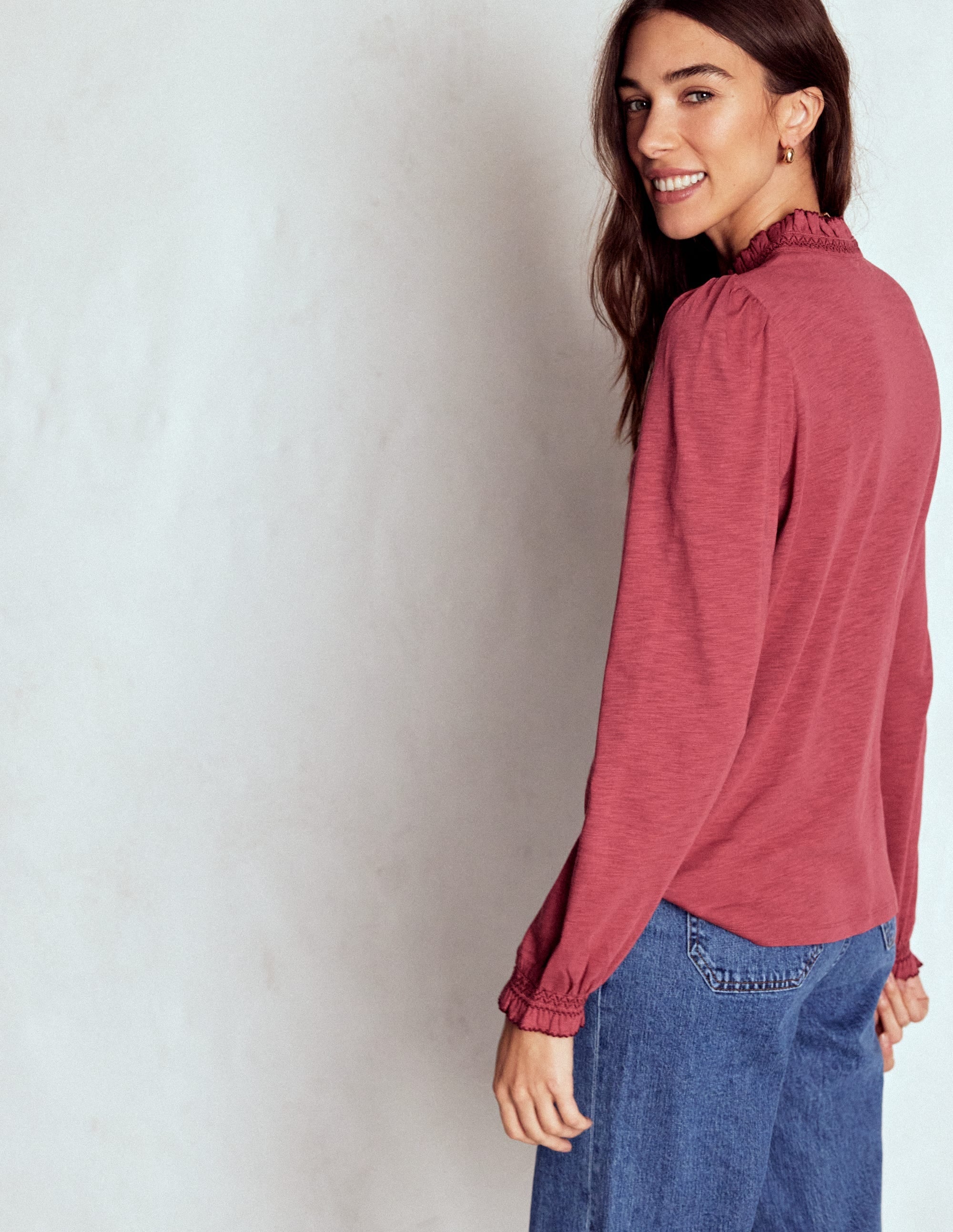 Effie Smocked Detail Shirt-Earth Red