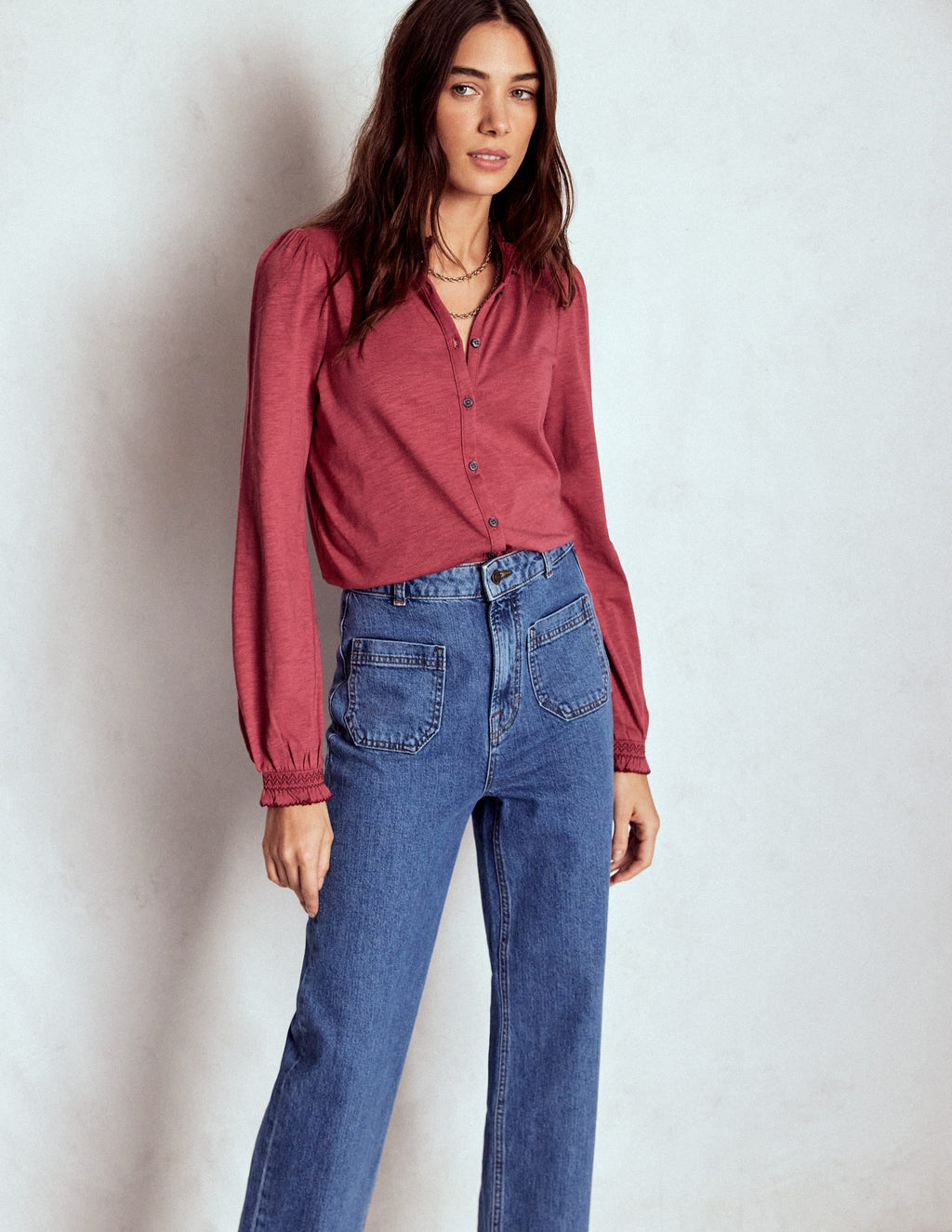 Effie Smocked Detail Shirt-Earth Red