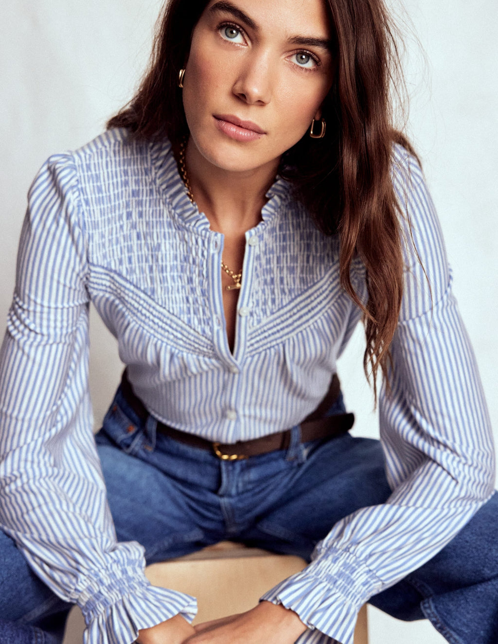 Smocked Yoke Jersey Shirt-Forever Blue and Ivory Stripe