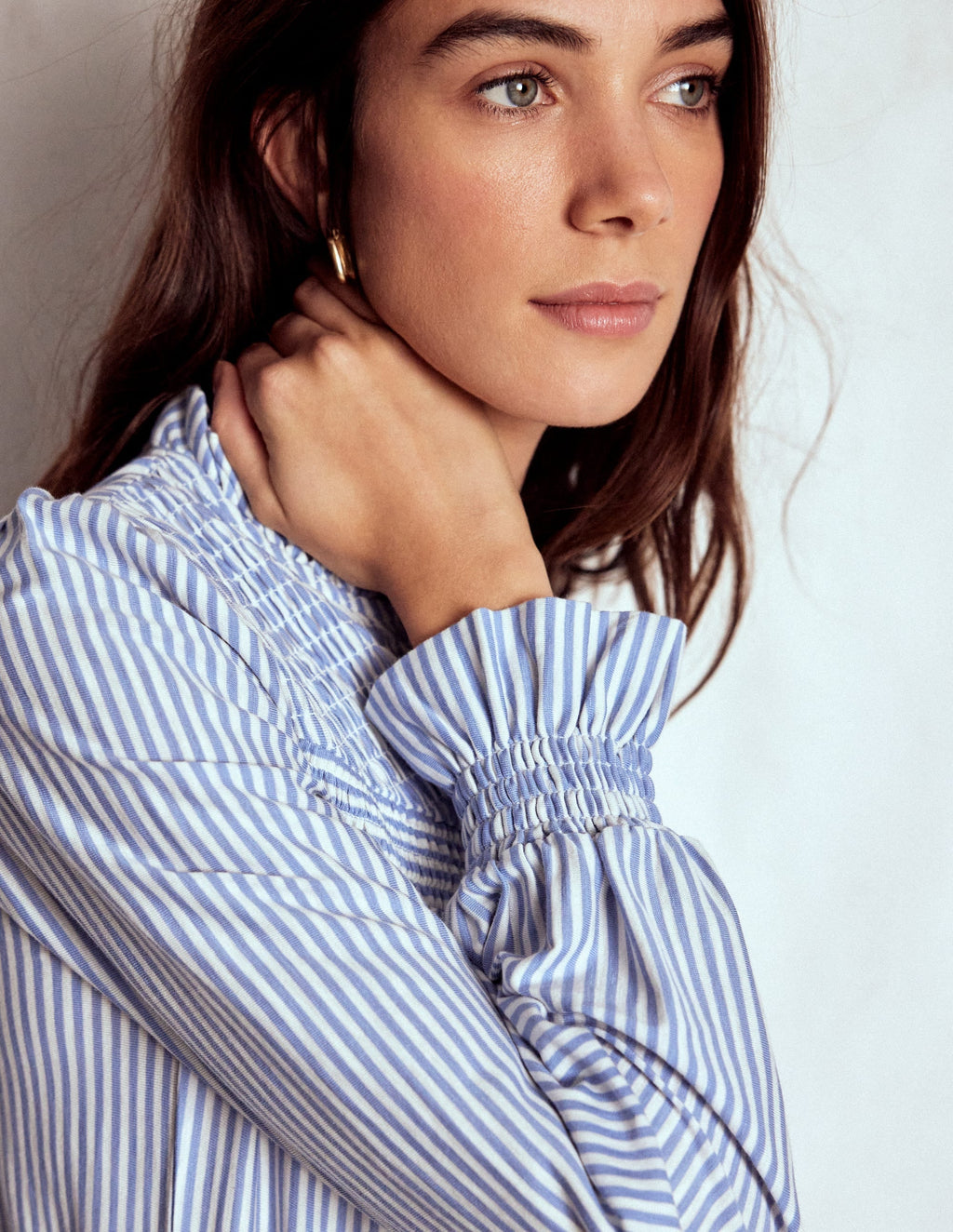 Smocked Yoke Jersey Shirt-Forever Blue and Ivory Stripe