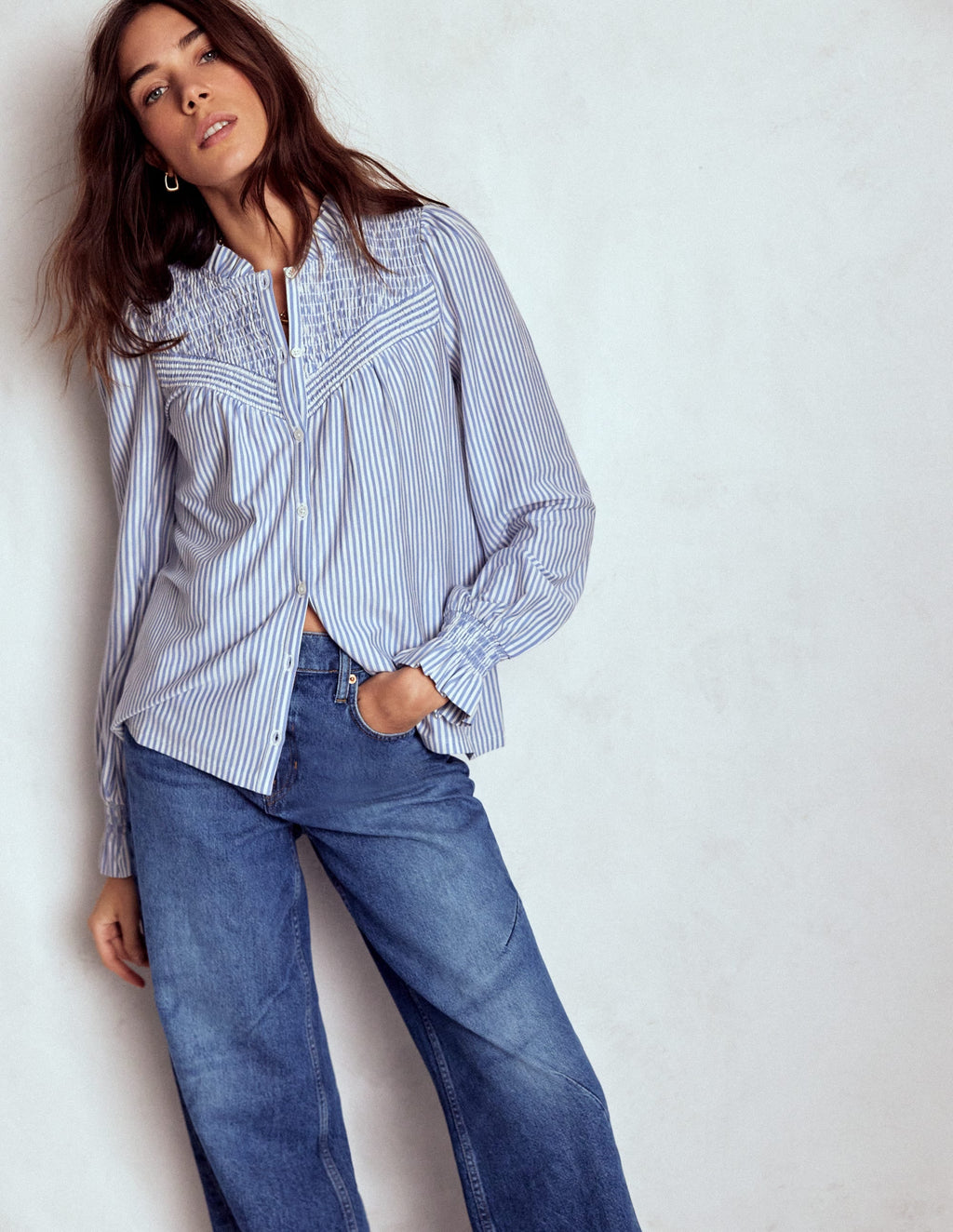 Smocked Yoke Jersey Shirt-Forever Blue and Ivory Stripe
