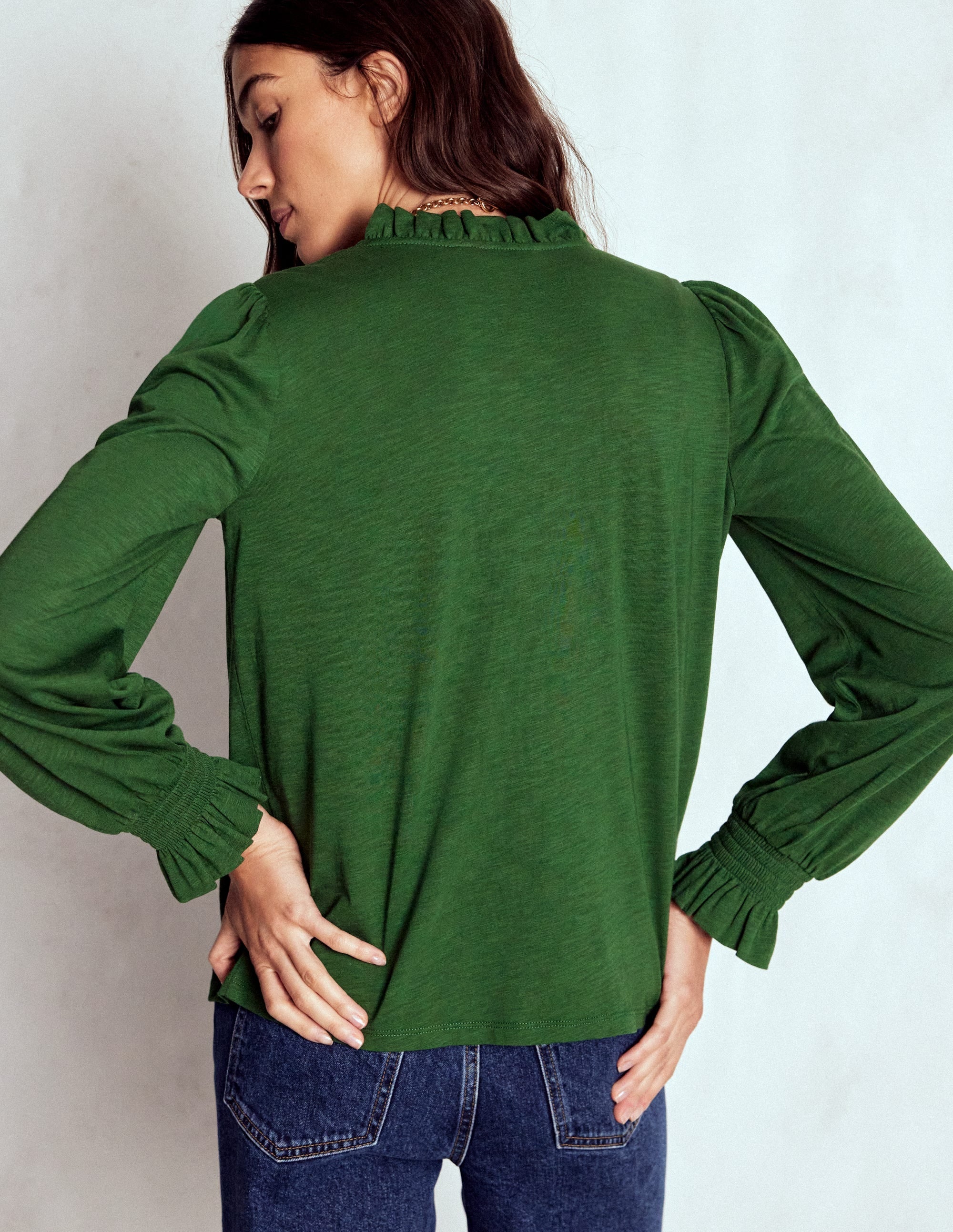 Smocked Yoke Jersey Shirt-Woodland Green