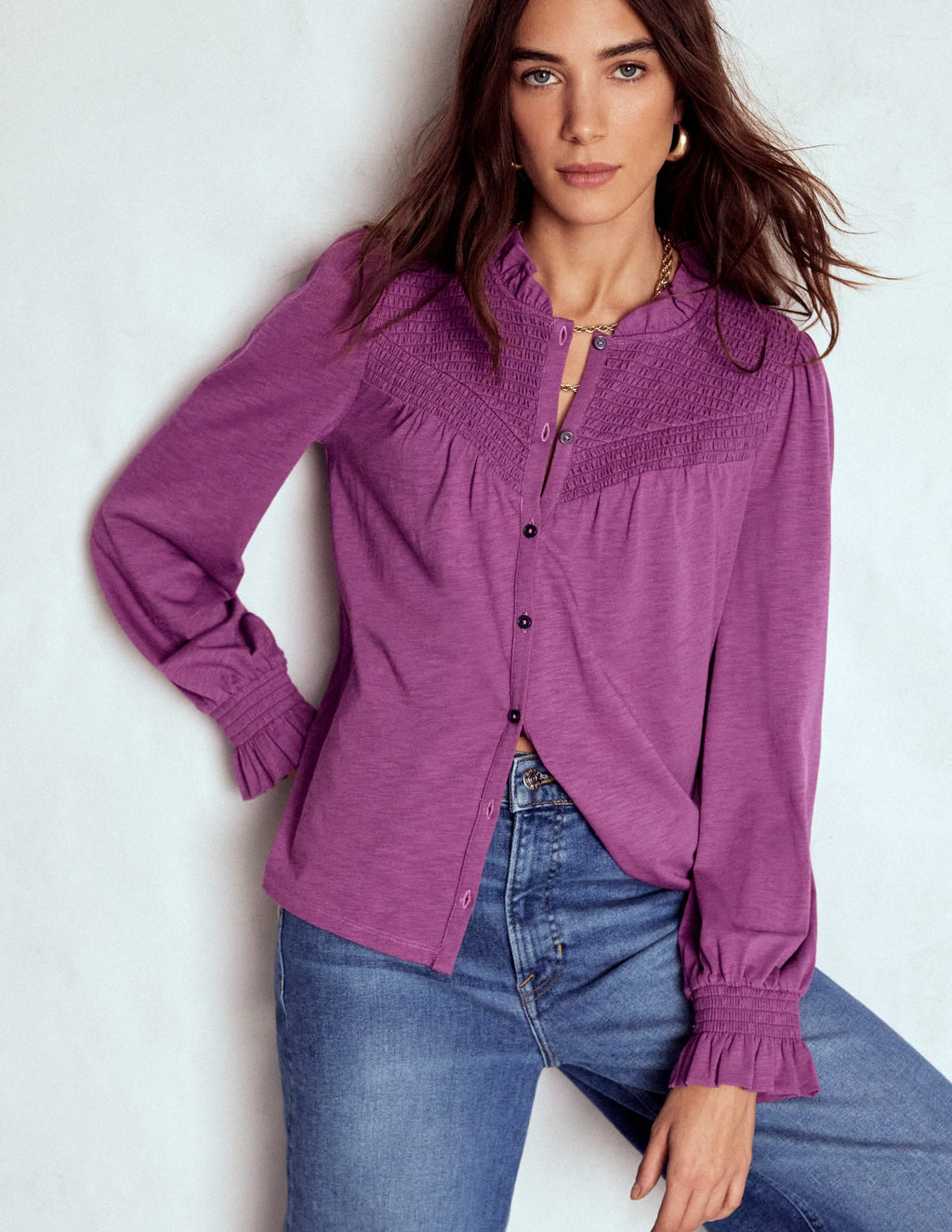 Smocked Yoke Jersey Shirt-Amethyst