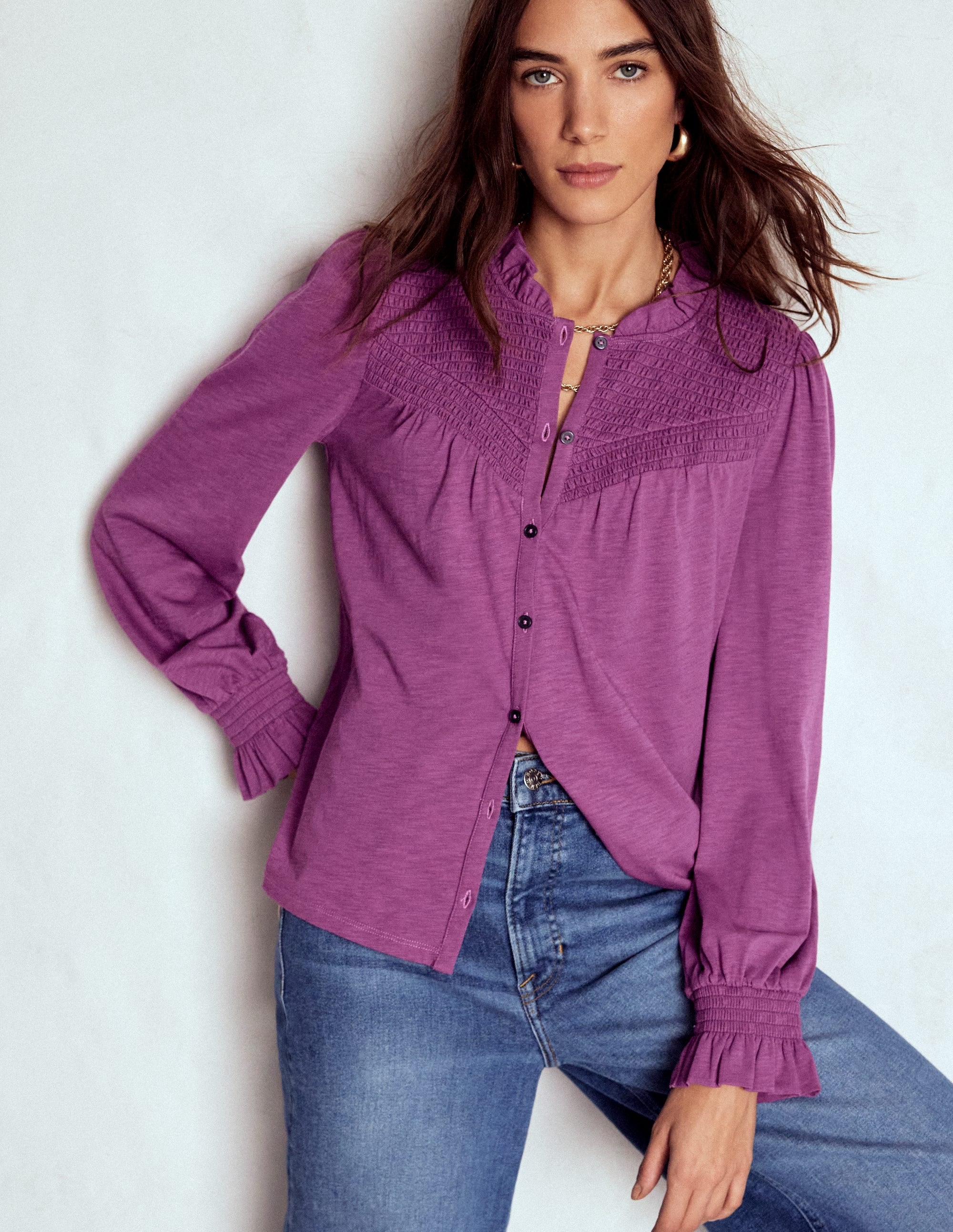 Smocked Yoke Jersey Shirt-Amethyst