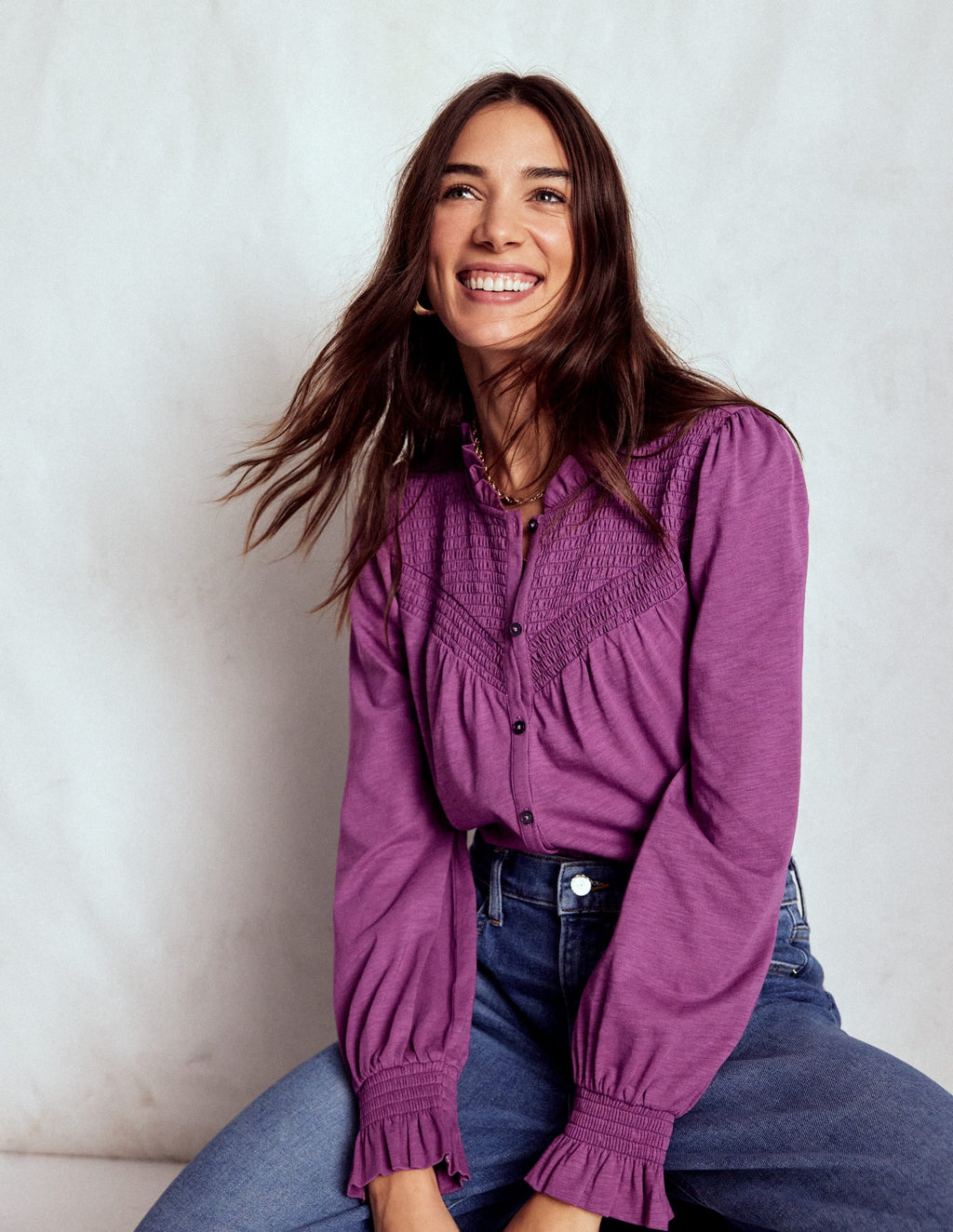 Smocked Yoke Jersey Shirt-Amethyst