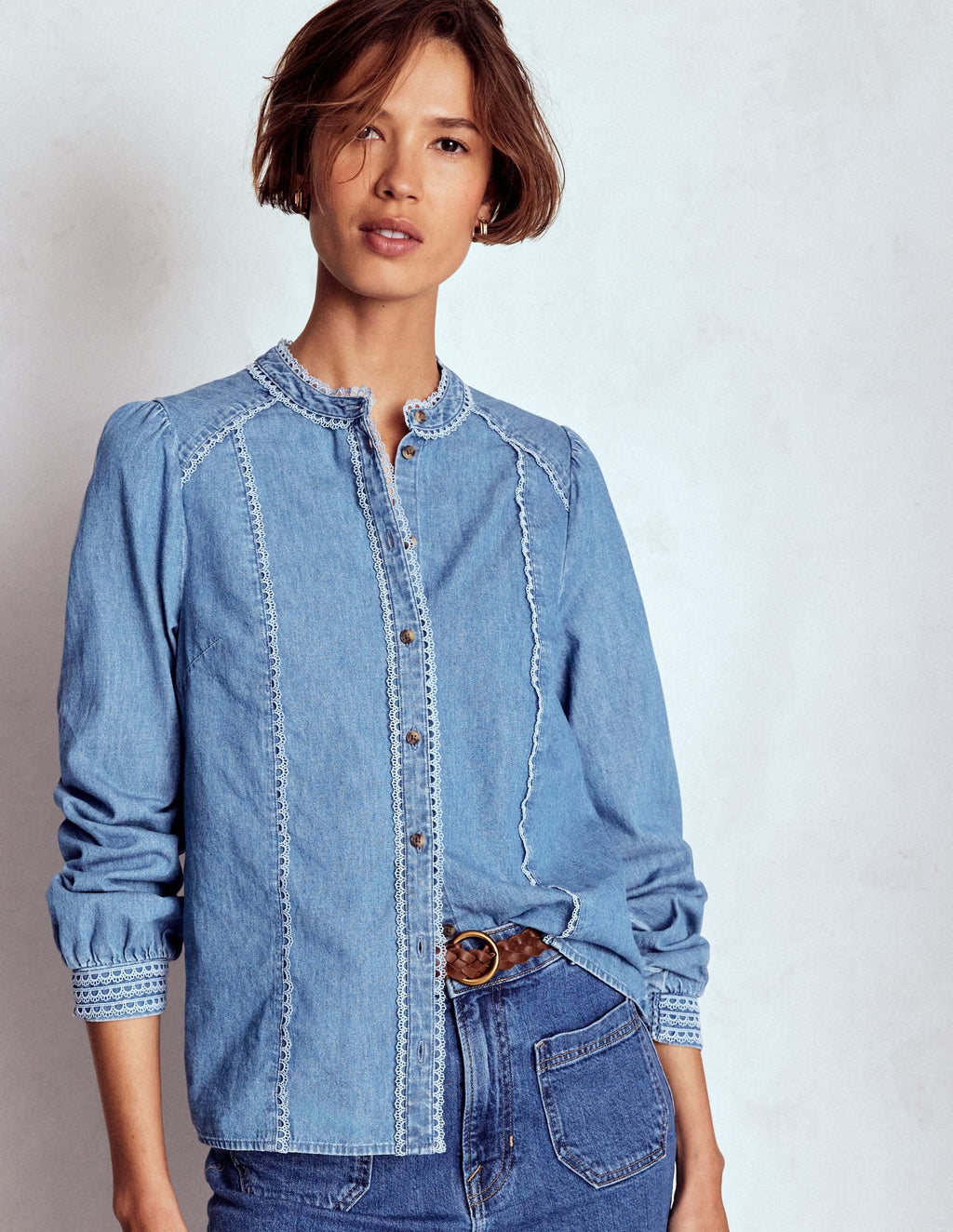 Rhea Trim Insert Denim Top-Light Vintage