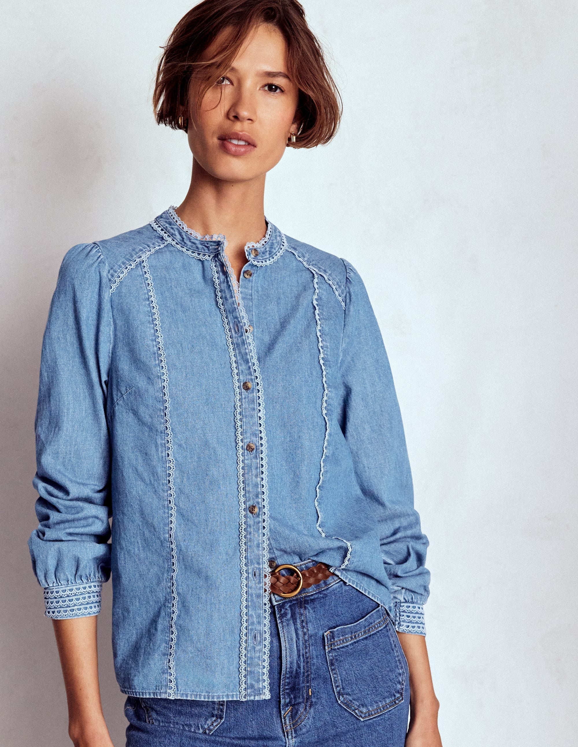 Rhea Trim Insert Denim Top-Light Vintage