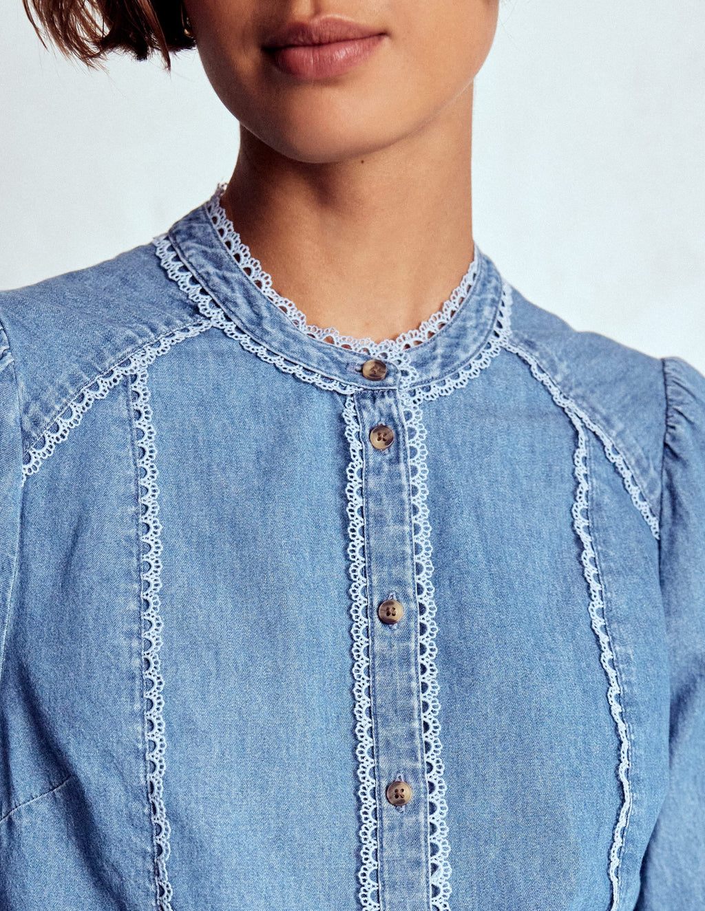 Rhea Trim Insert Denim Top-Light Vintage