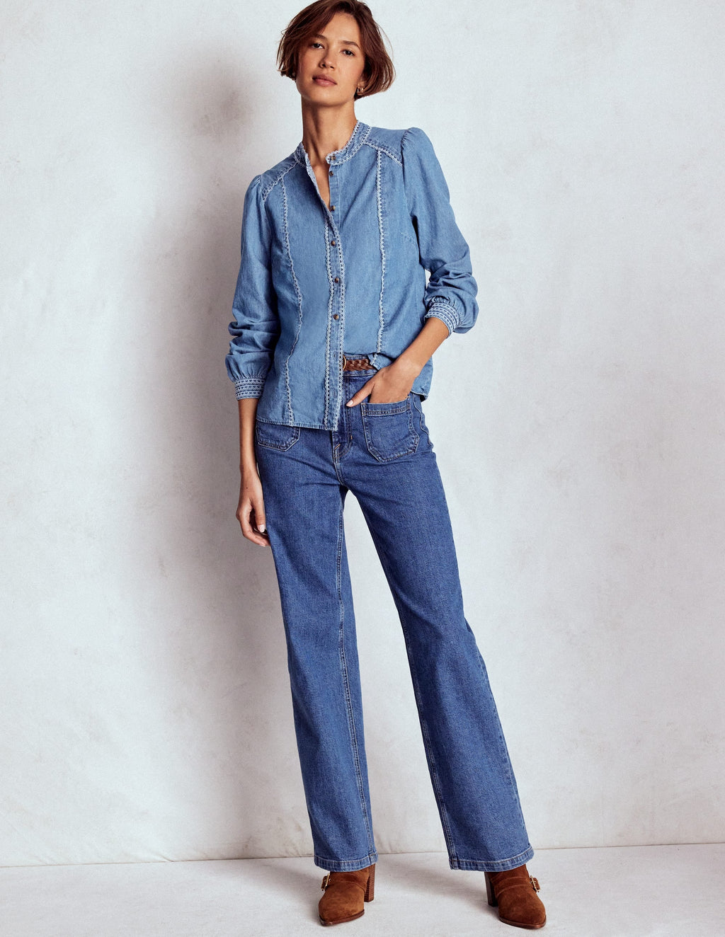 Rhea Trim Insert Denim Top-Light Vintage