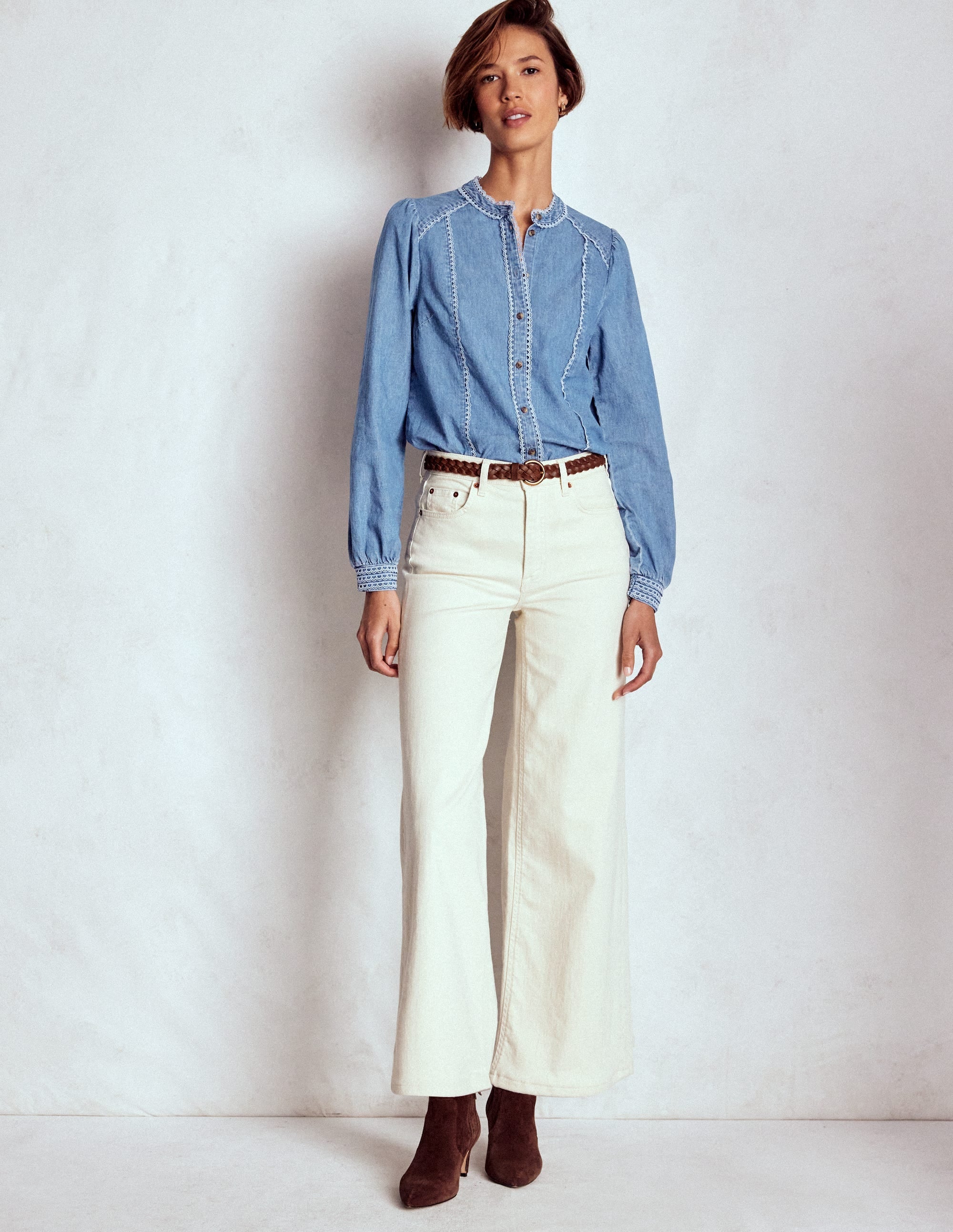 Rhea Trim Insert Denim Top-Light Vintage