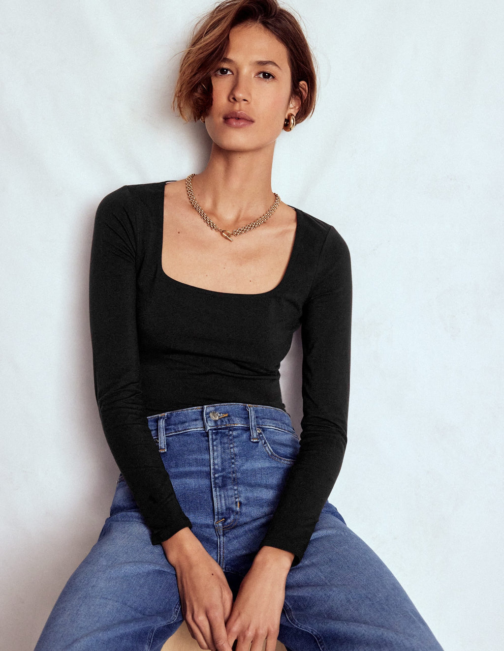 Double Layer Square Neck Top-Black