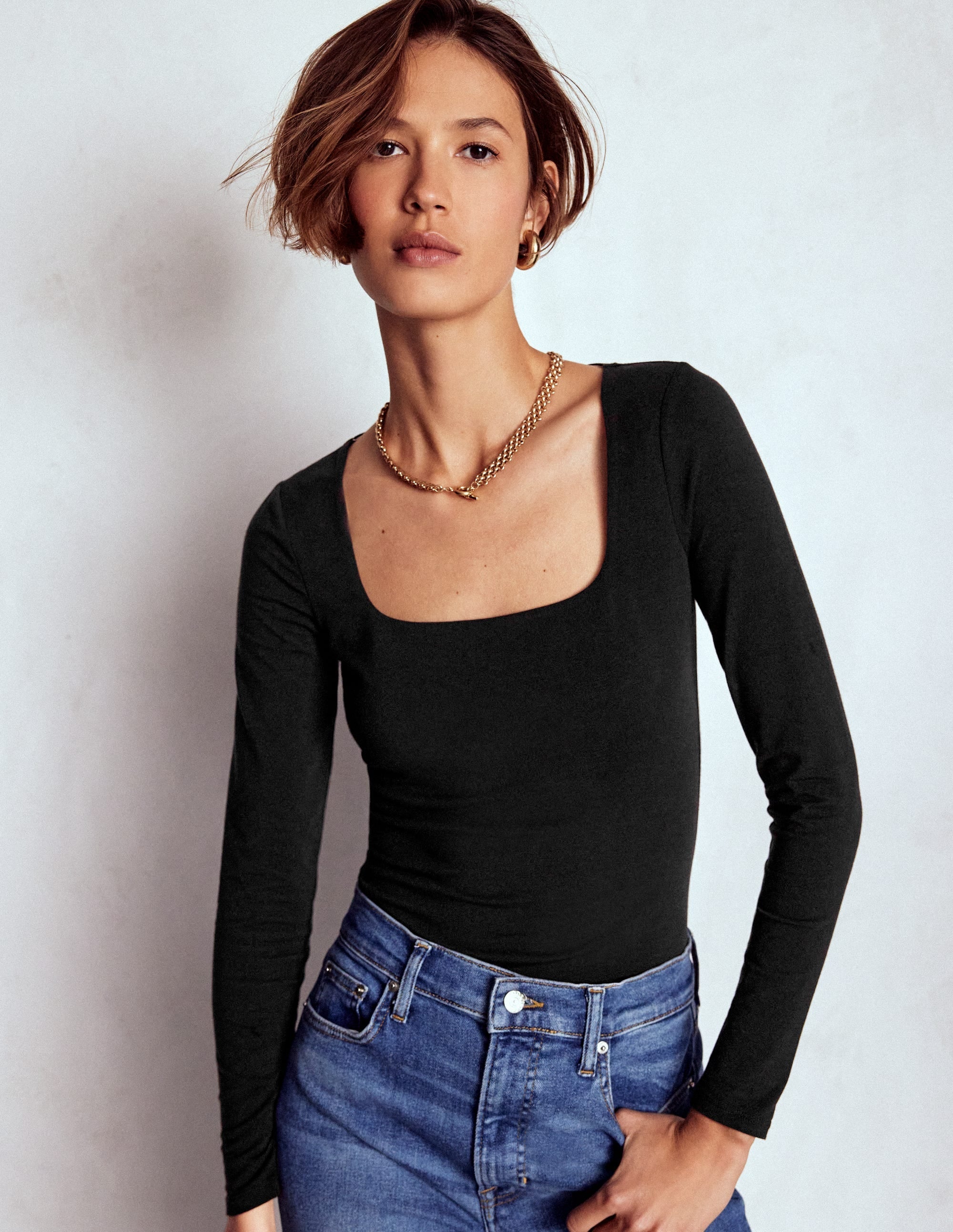 Double Layer Square Neck Top-Black