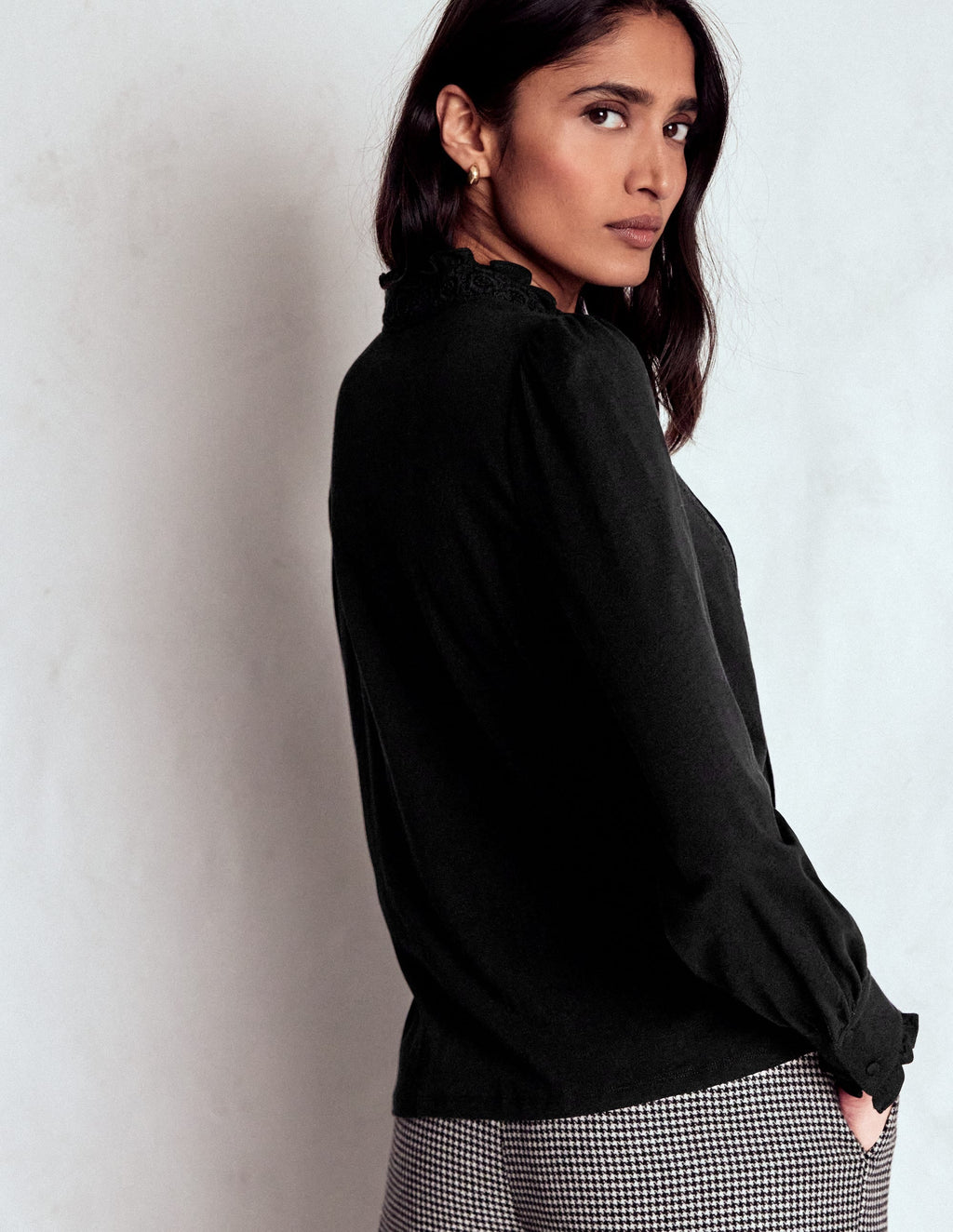 Lace Detail Jersey Shirt-Black