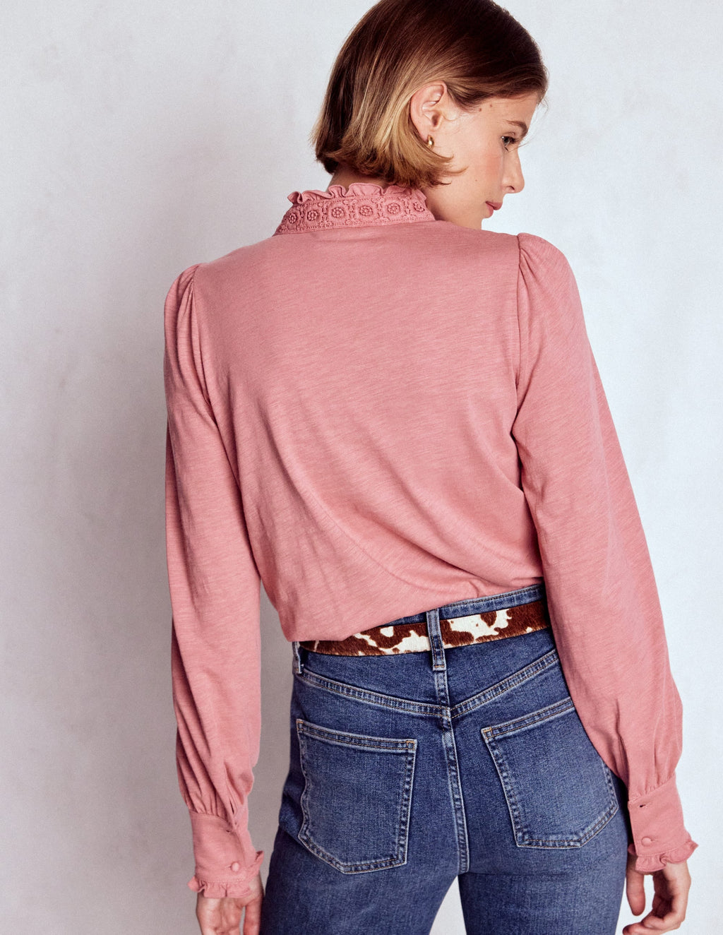 Lace Detail Jersey Shirt-Vintage Rose