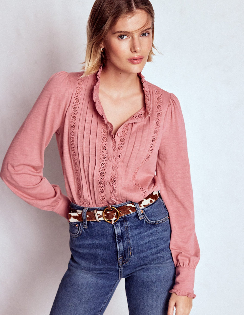 Lace Detail Jersey Shirt-Vintage Rose