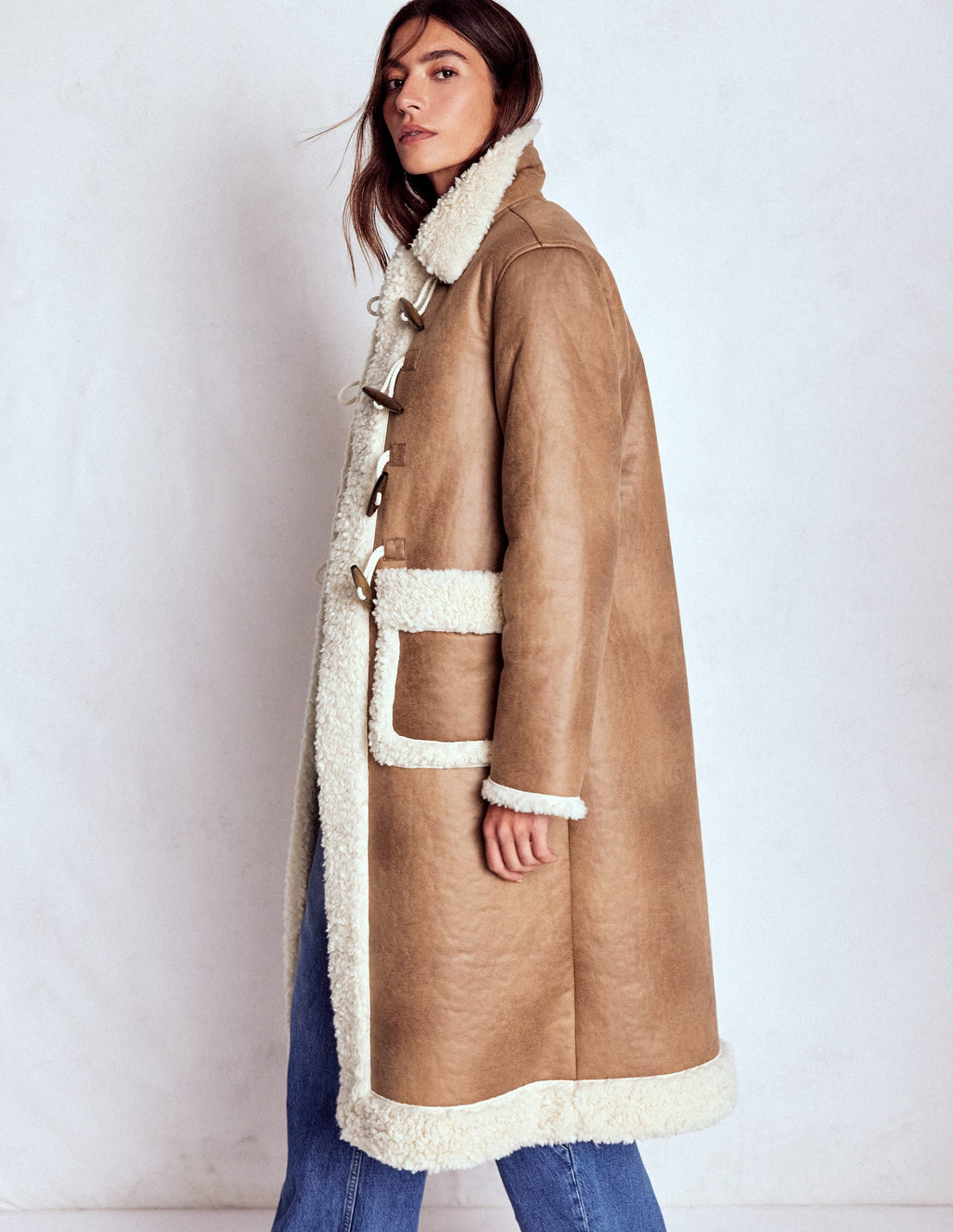 Shearling Duffle Coat-Camel, Natural Borg