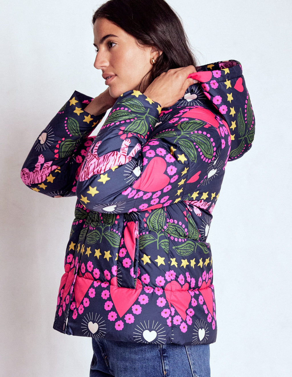 Padded Puffer Coat-French Navy, Embellished Tiger