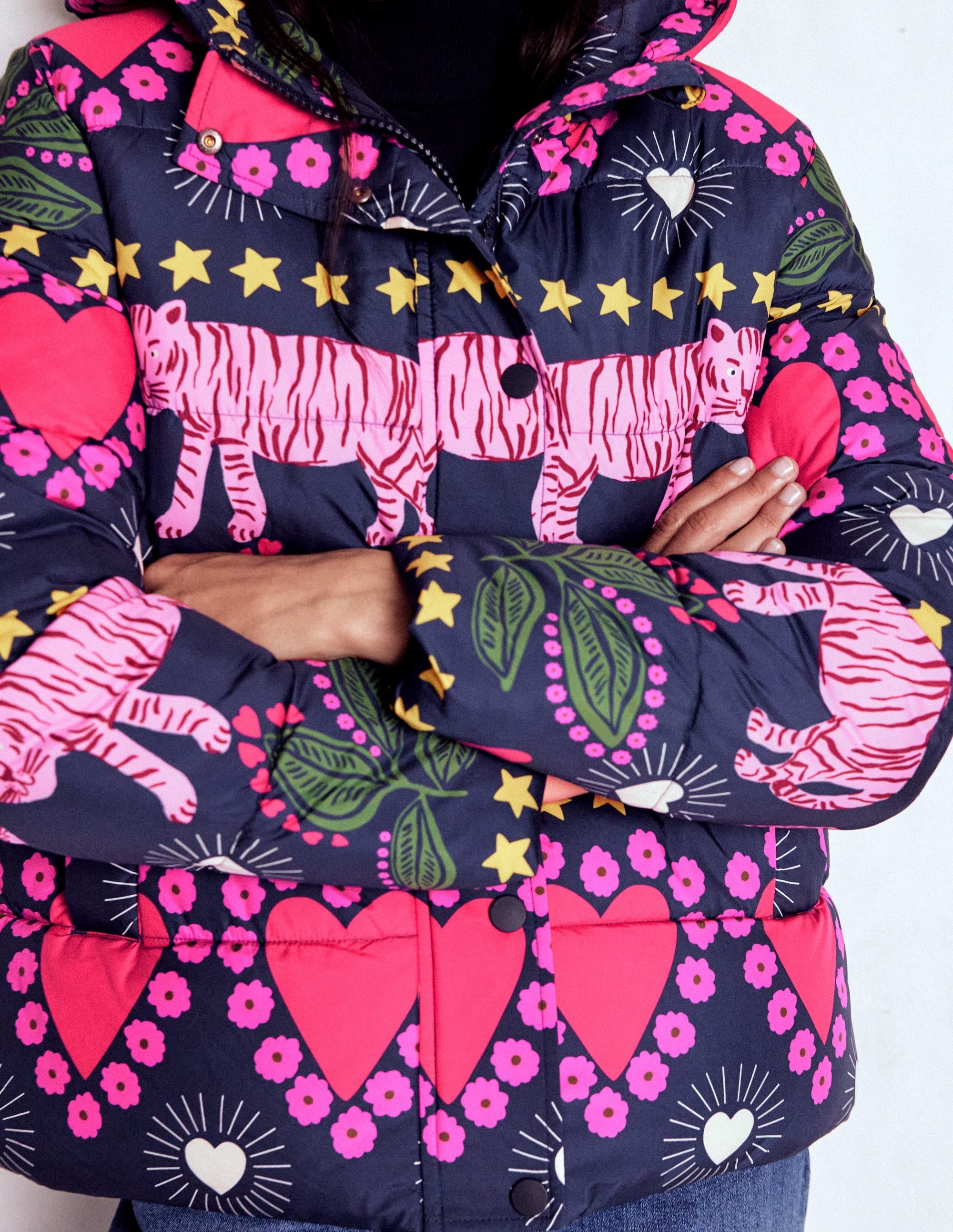 Padded Puffer Coat-French Navy, Embellished Tiger