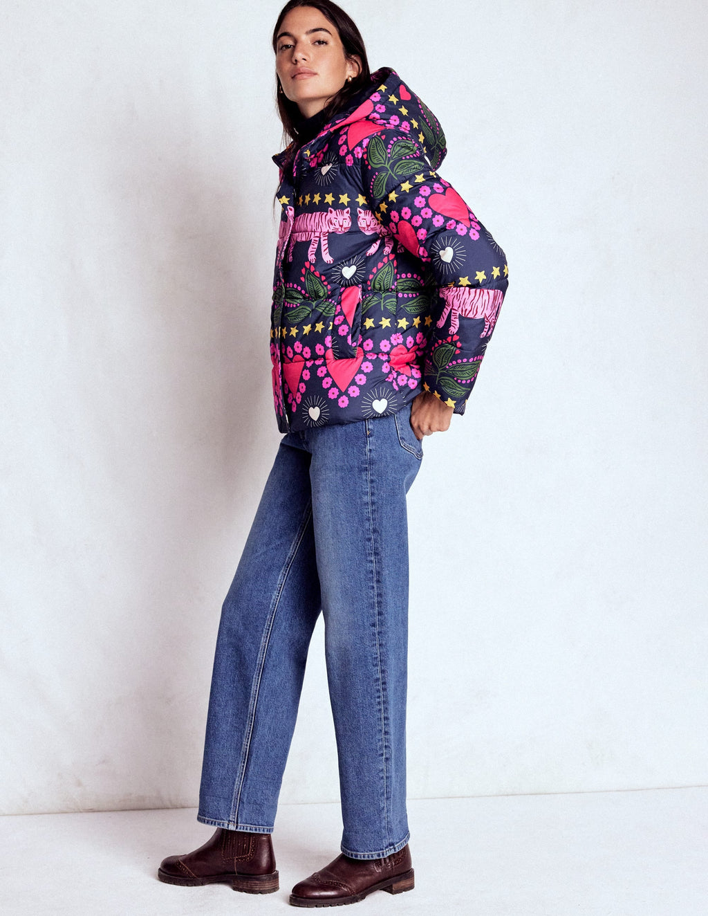 Padded Puffer Coat-French Navy, Embellished Tiger