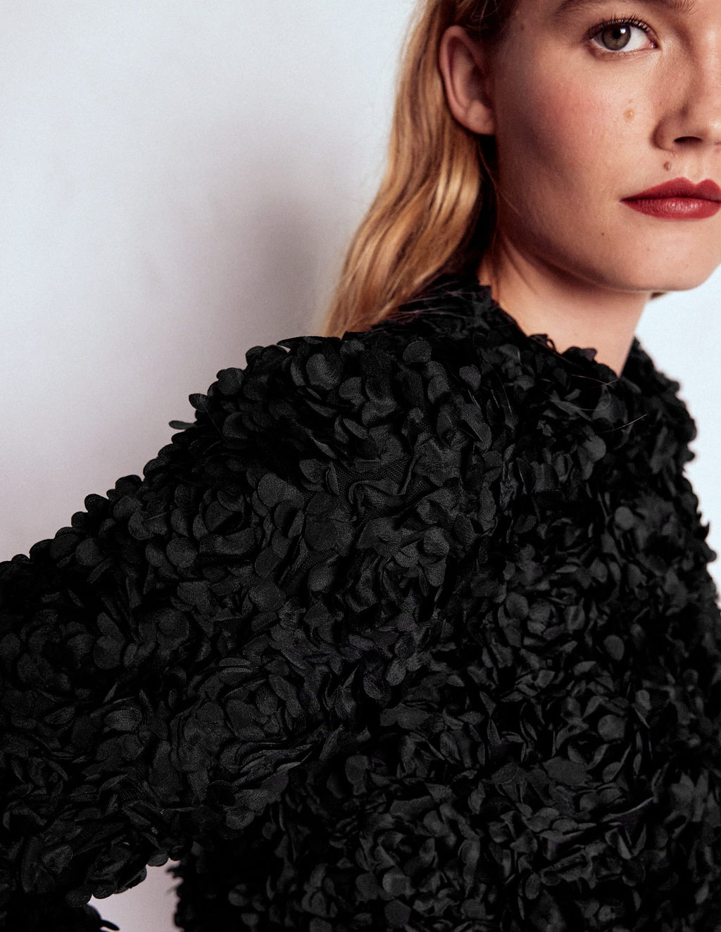 Petal Textured Cropped Jacket-Black, Petal Tulle