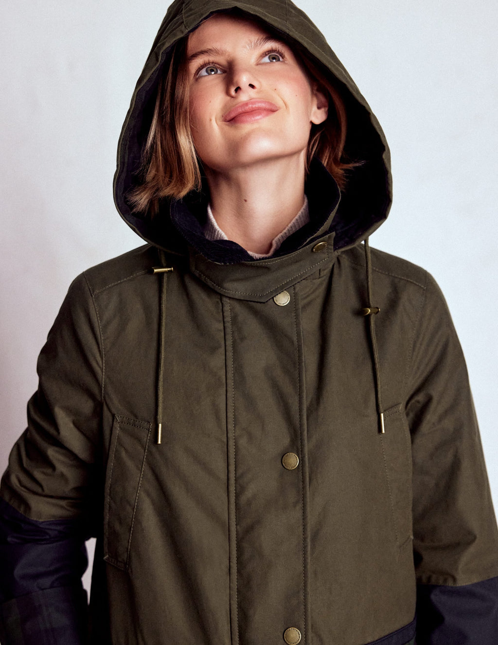 Longline Wax Coat-Navy Khaki Colourblock
