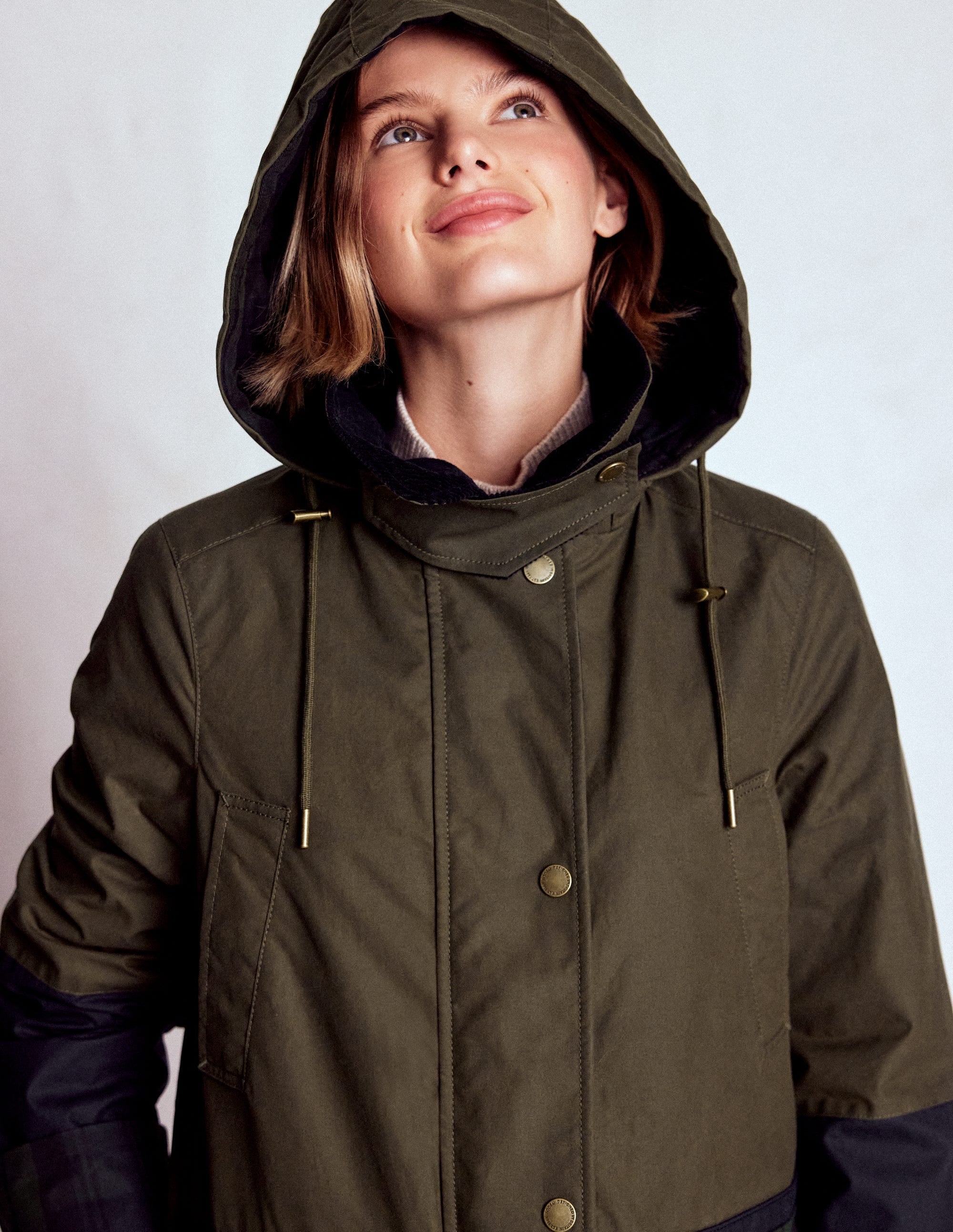 Longline Wax Coat-Navy Khaki Colourblock